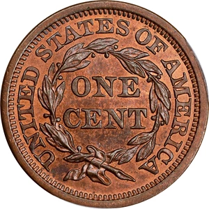 image for: 1855 Braided Hair Cent. N-10. Rarity-1. Slanting 55. MS-64 RB (PCGS).
