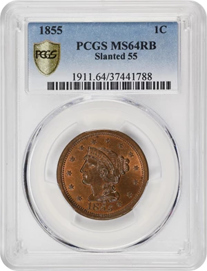 image for: 1855 Braided Hair Cent. N-10. Rarity-1. Slanting 55. MS-64 RB (PCGS).
