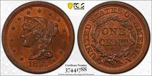 image for: 1855 Braided Hair Cent. N-10. Rarity-1. Slanting 55. MS-64 RB (PCGS).