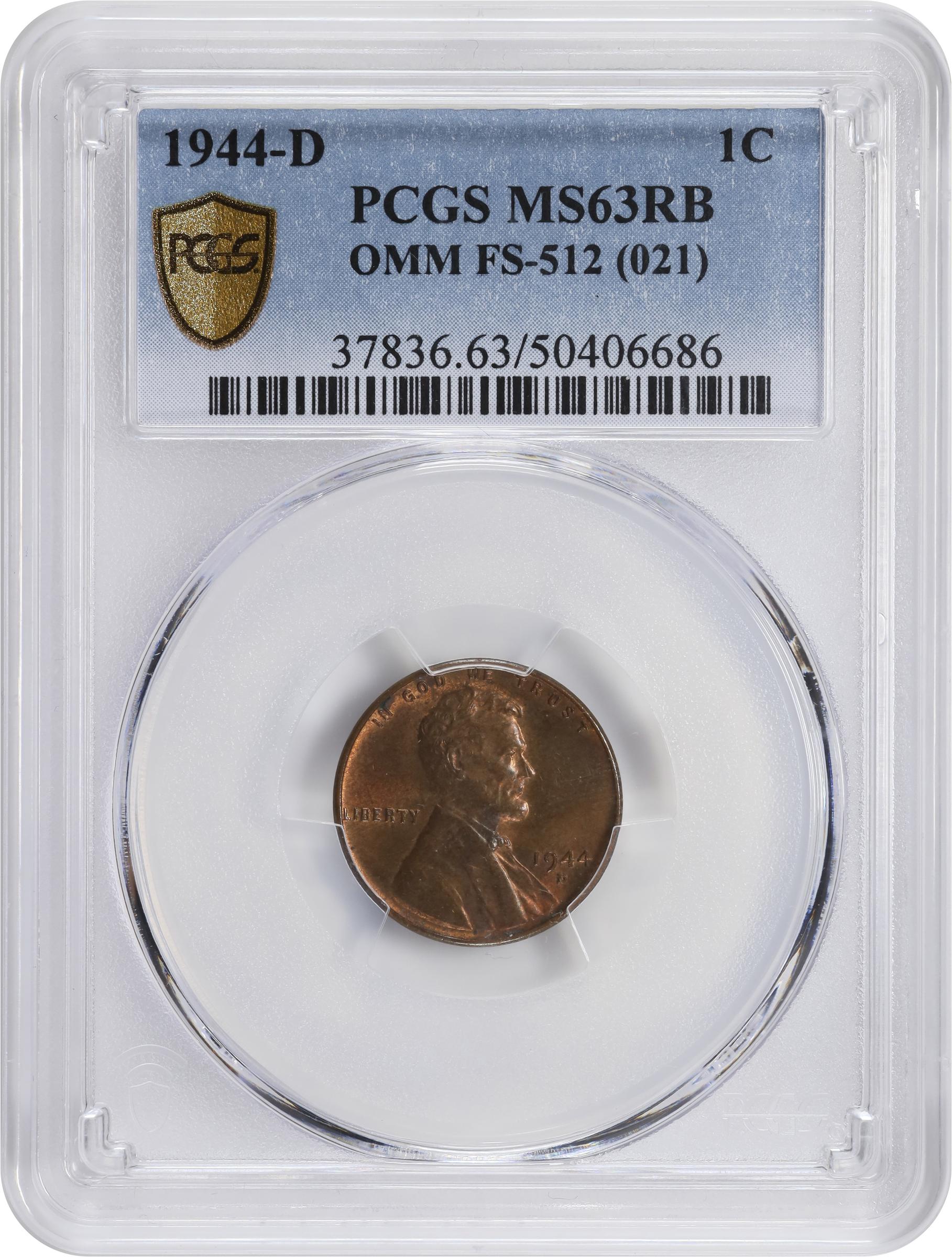 image for: 1944-D/S Lincoln Cent. FS-512. MS-63 RB (PCGS).