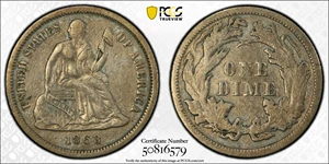 image for: 1863 Liberty Seated Dime. VF Details--Cleaned (PCGS).