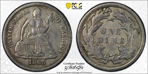 image for: 1865 Liberty Seated Dime. EF Details--Harshly Cleaned (PCGS).
