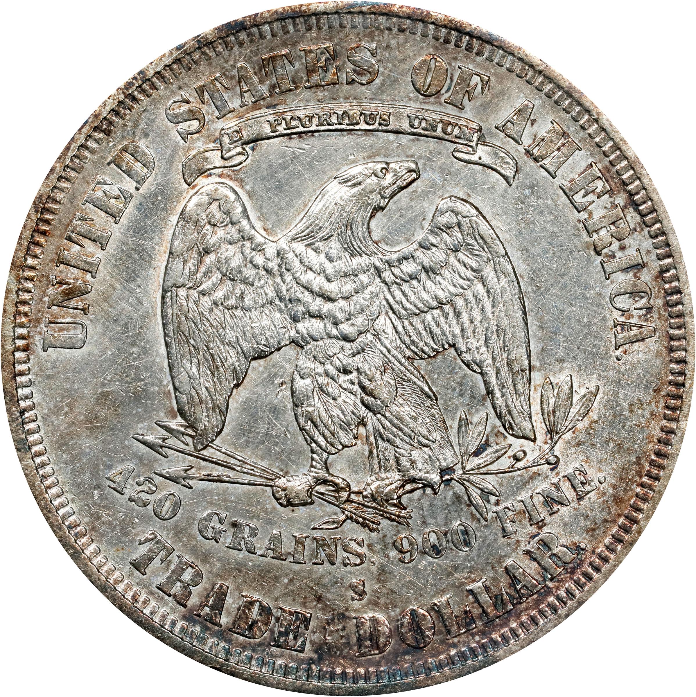 image for: 1877-S Trade Dollar. FS-802. Doubled Die Reverse. AU-50 (ANACS). OH.