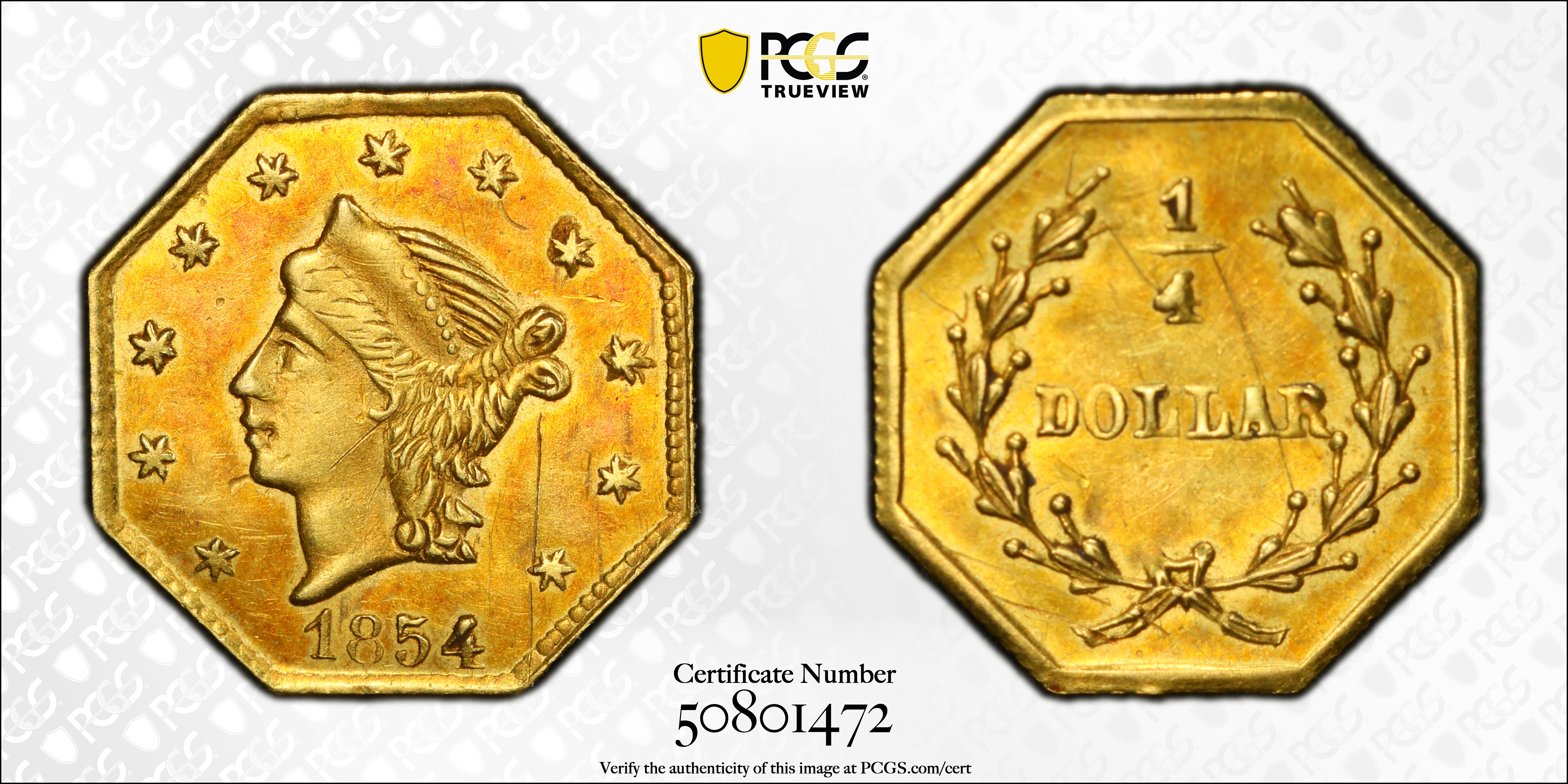 image for: 1854 Octagonal 25 Cents. BG-109. Rarity-5+. Liberty Head. AU Details--Scratch (PCGS).