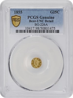 image for: 1855 Round 25 Cents. BG-226A. Rarity-5. Liberty Head. Unc Details--Bent (PCGS).