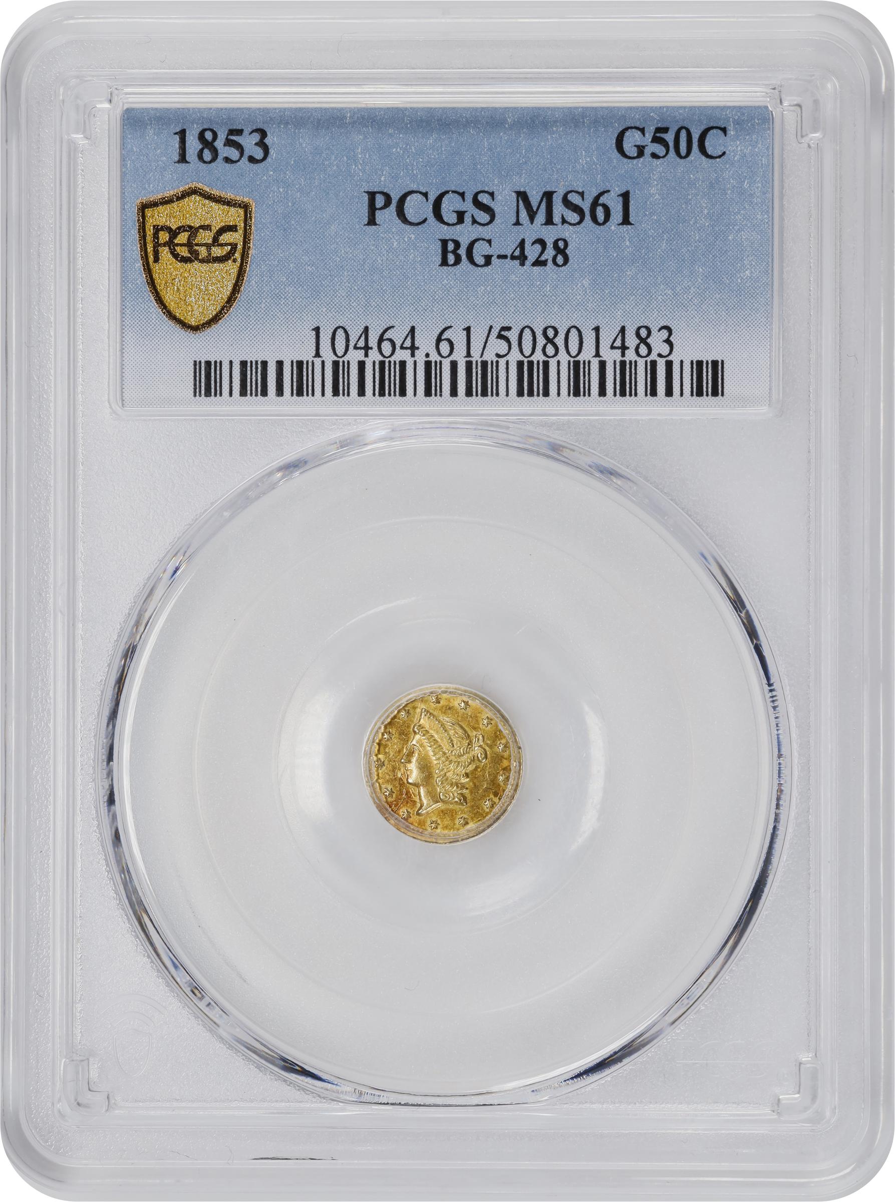 image for: 1853 Round 50 Cents. BG-428. Rarity-3. Liberty Head. MS-61 (PCGS).
