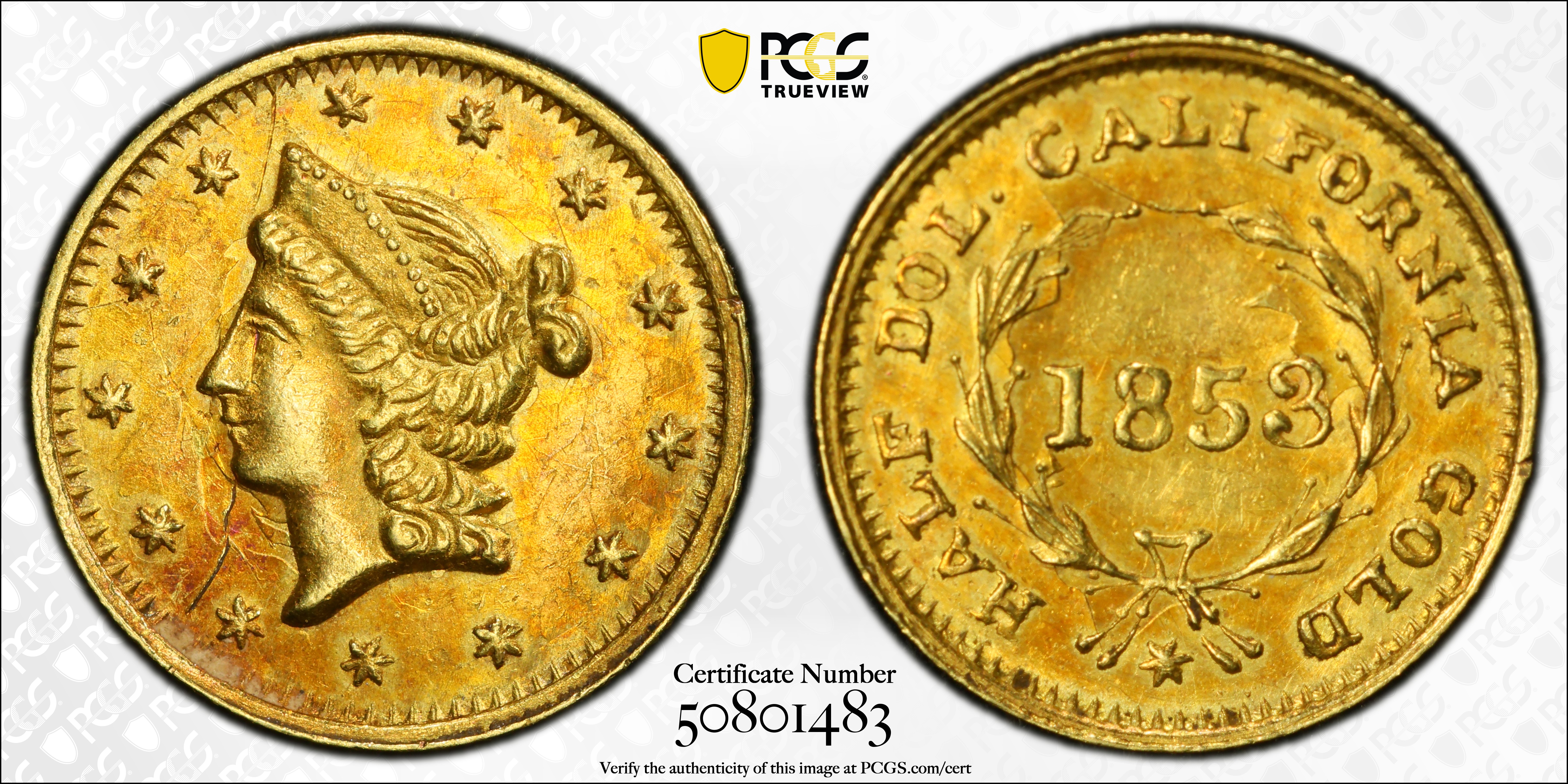 image for: 1853 Round 50 Cents. BG-428. Rarity-3. Liberty Head. MS-61 (PCGS).