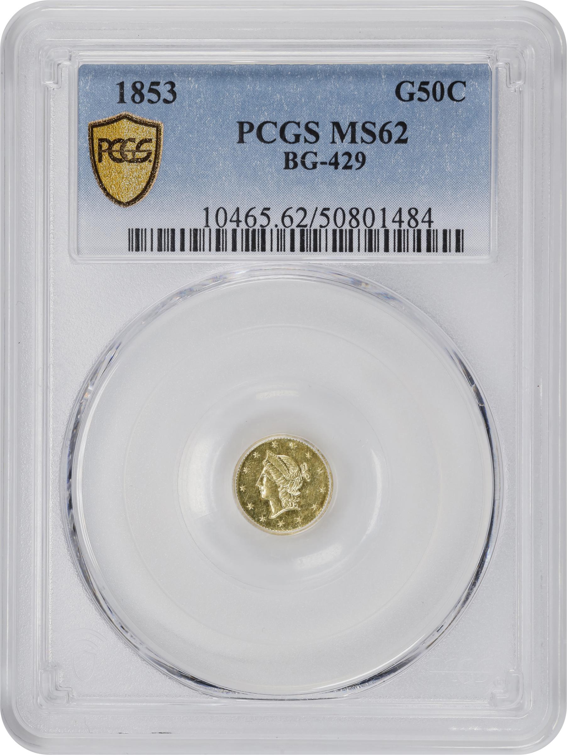 image for: 1853 Round 50 Cents. BG-429. Rarity-4-. Liberty Head. MS-62 (PCGS).
