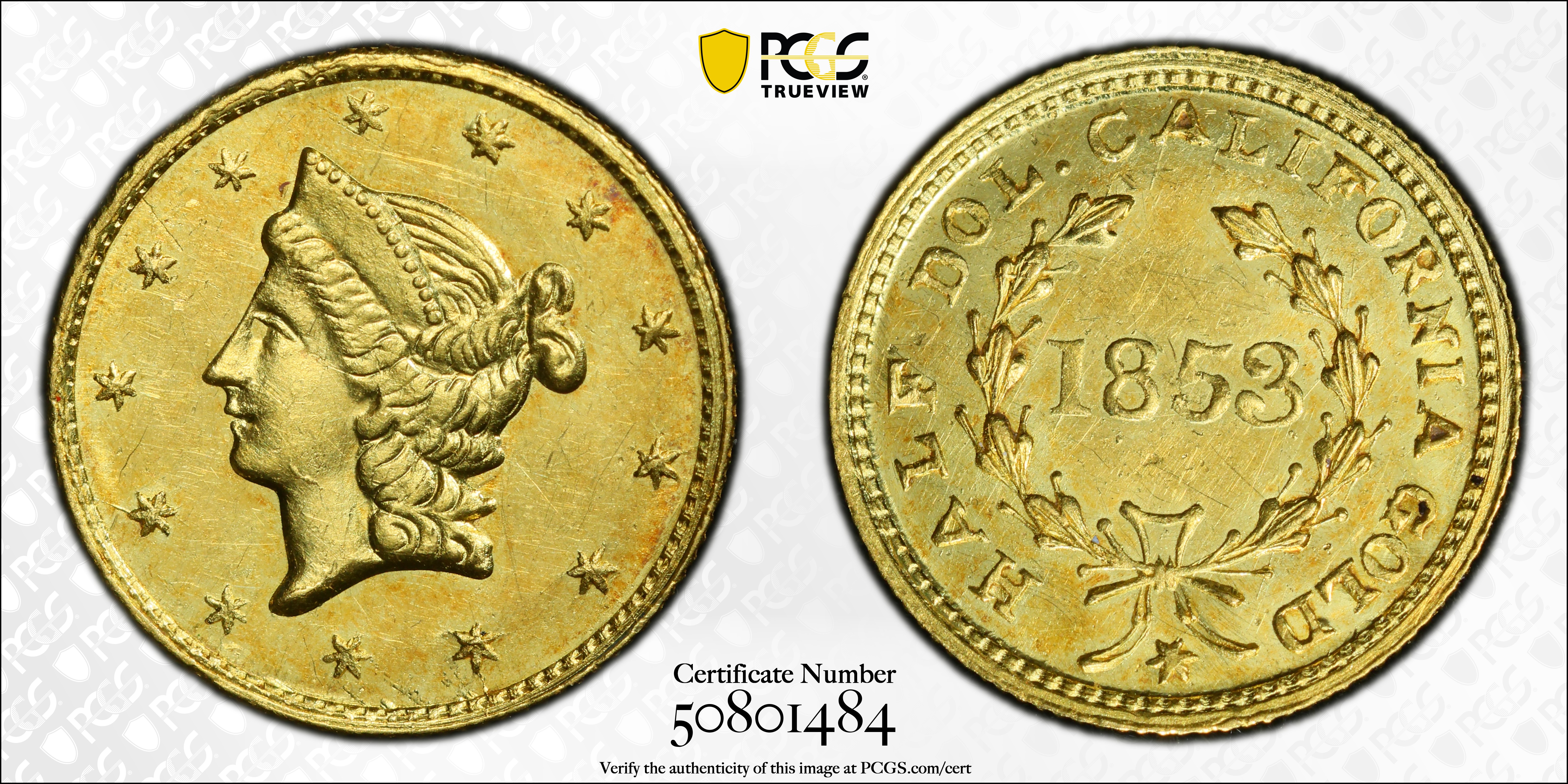 image for: 1853 Round 50 Cents. BG-429. Rarity-4-. Liberty Head. MS-62 (PCGS).