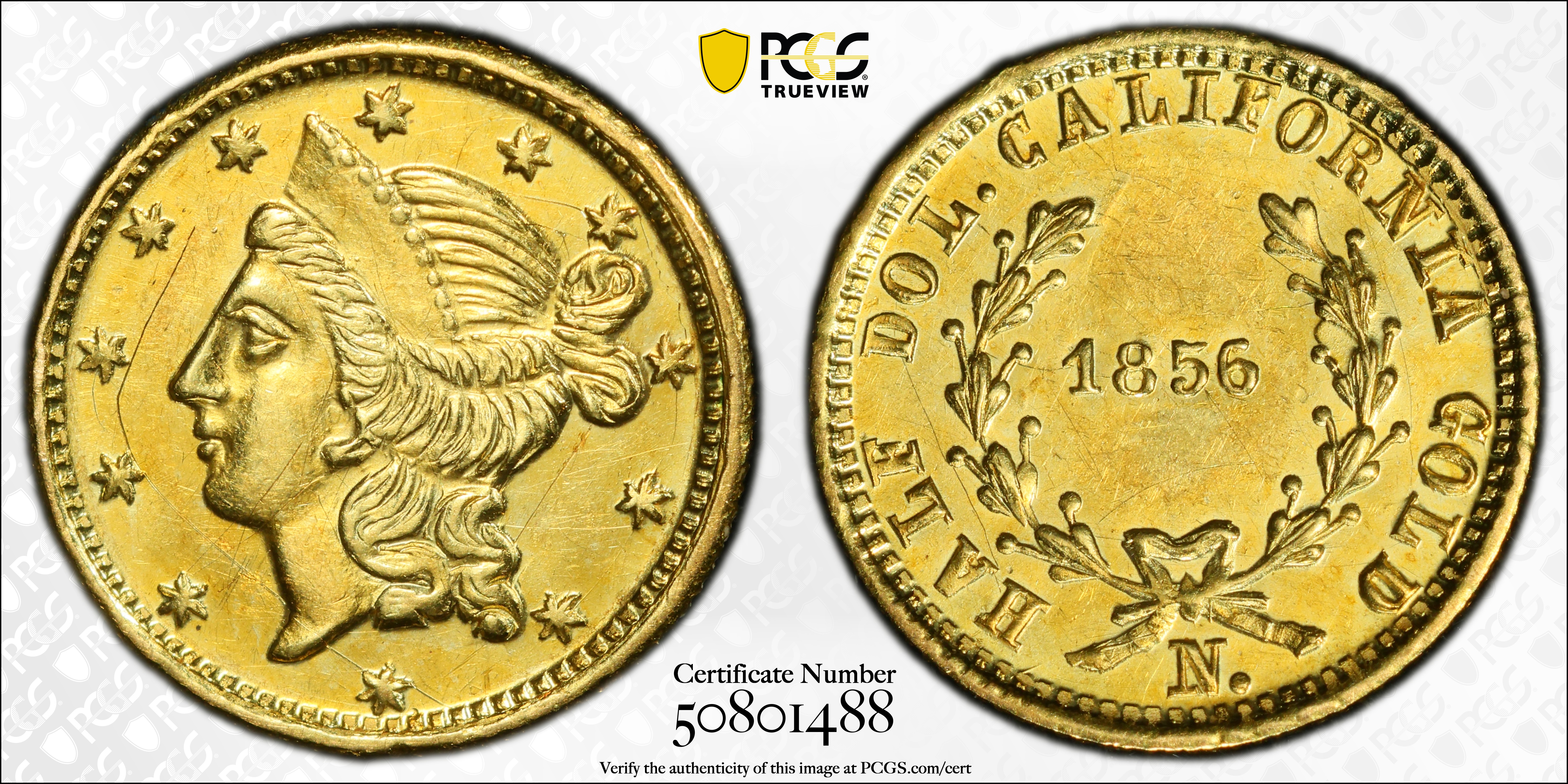 image for: 1856-N Round 50 Cents. BG-434. Rarity-4-. Liberty Head. Unc Details--Scratch (PCGS).