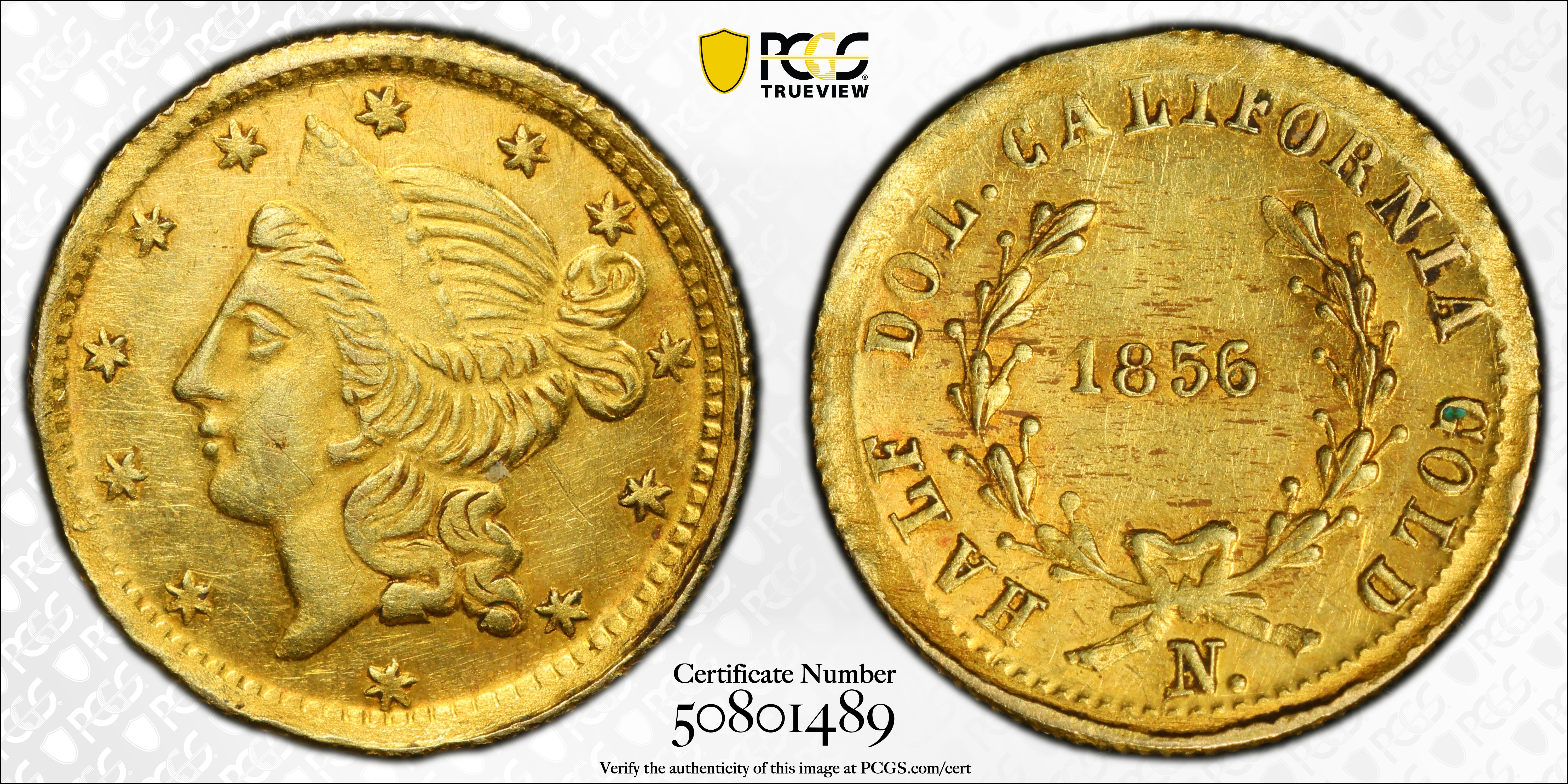 image for: 1856-N Round 50 Cents. BG-434. Rarity-4-. Liberty Head. AU-58 (PCGS).