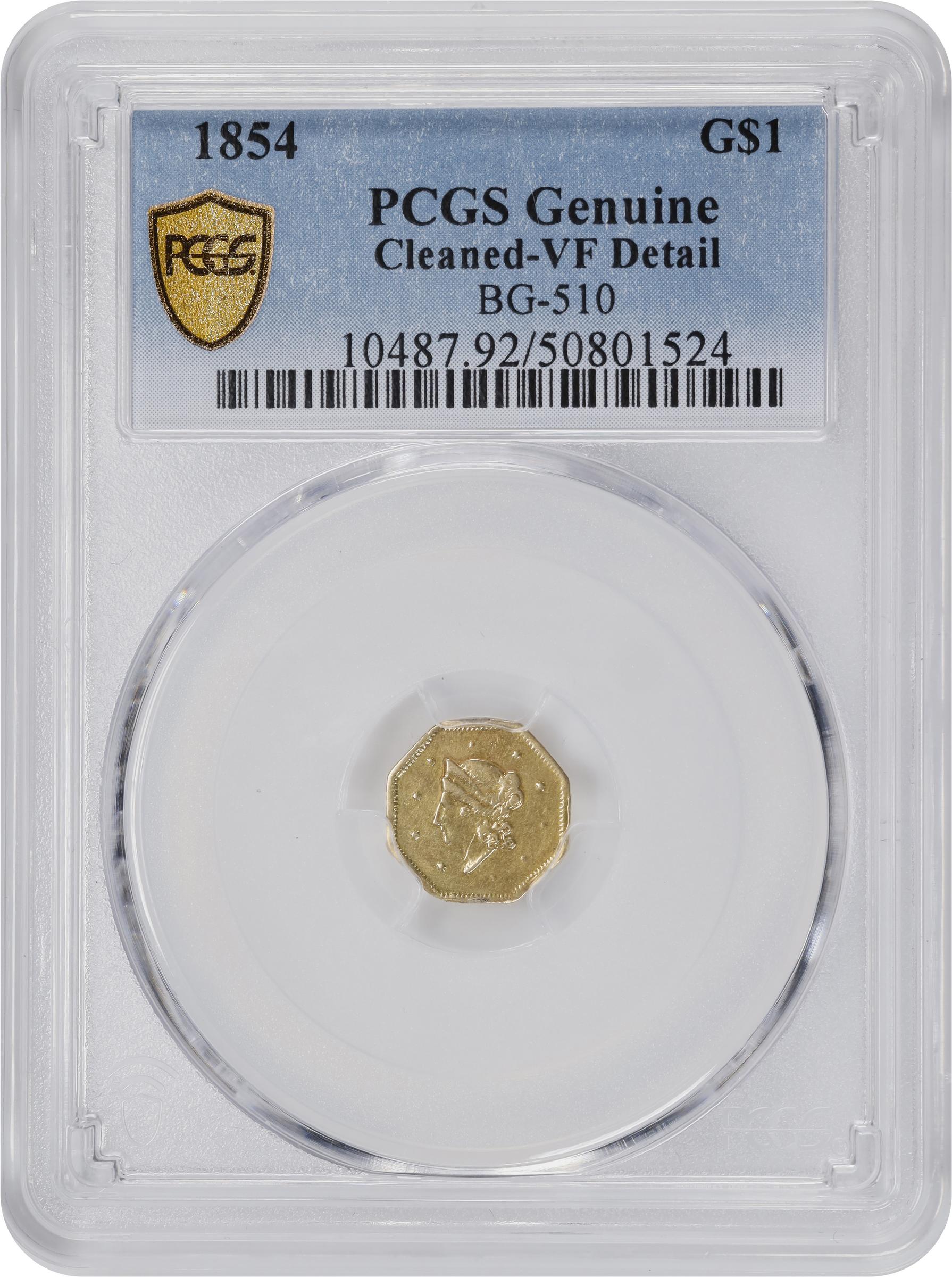 image for: 1854-FD Octagonal $1. BG-510. Rarity-5-. Liberty Head. VF Details--Cleaned (PCGS).