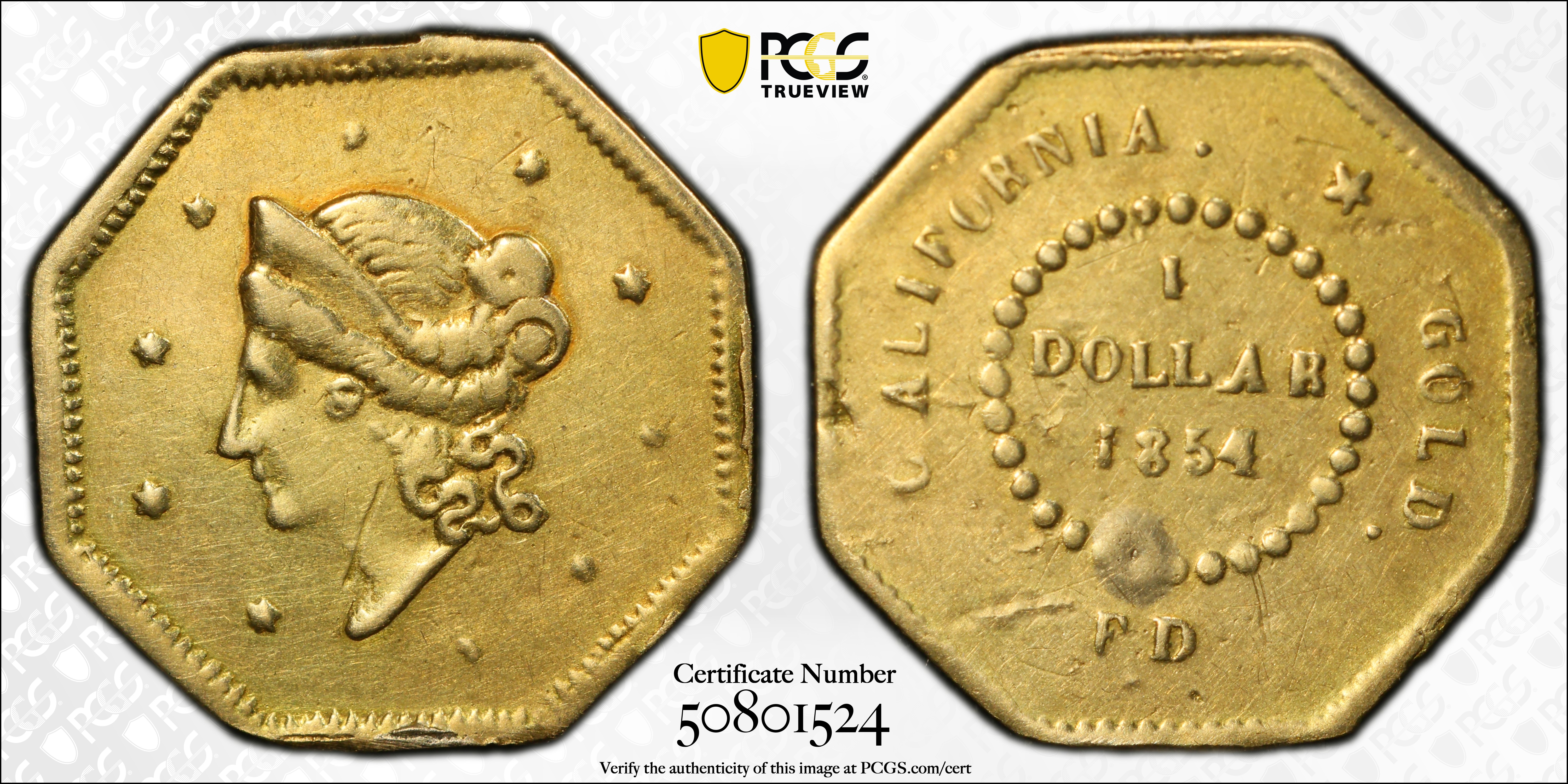 image for: 1854-FD Octagonal $1. BG-510. Rarity-5-. Liberty Head. VF Details--Cleaned (PCGS).