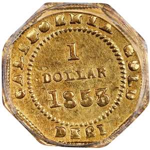 image for: 1853-DERI Octagonal $1. BG-514. Rarity-5+. Liberty Head. AU Details--Scratch (PCGS).
