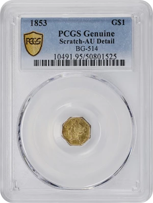 image for: 1853-DERI Octagonal $1. BG-514. Rarity-5+. Liberty Head. AU Details--Scratch (PCGS).