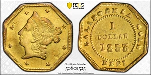 image for: 1853-DERI Octagonal $1. BG-514. Rarity-5+. Liberty Head. AU Details--Scratch (PCGS).