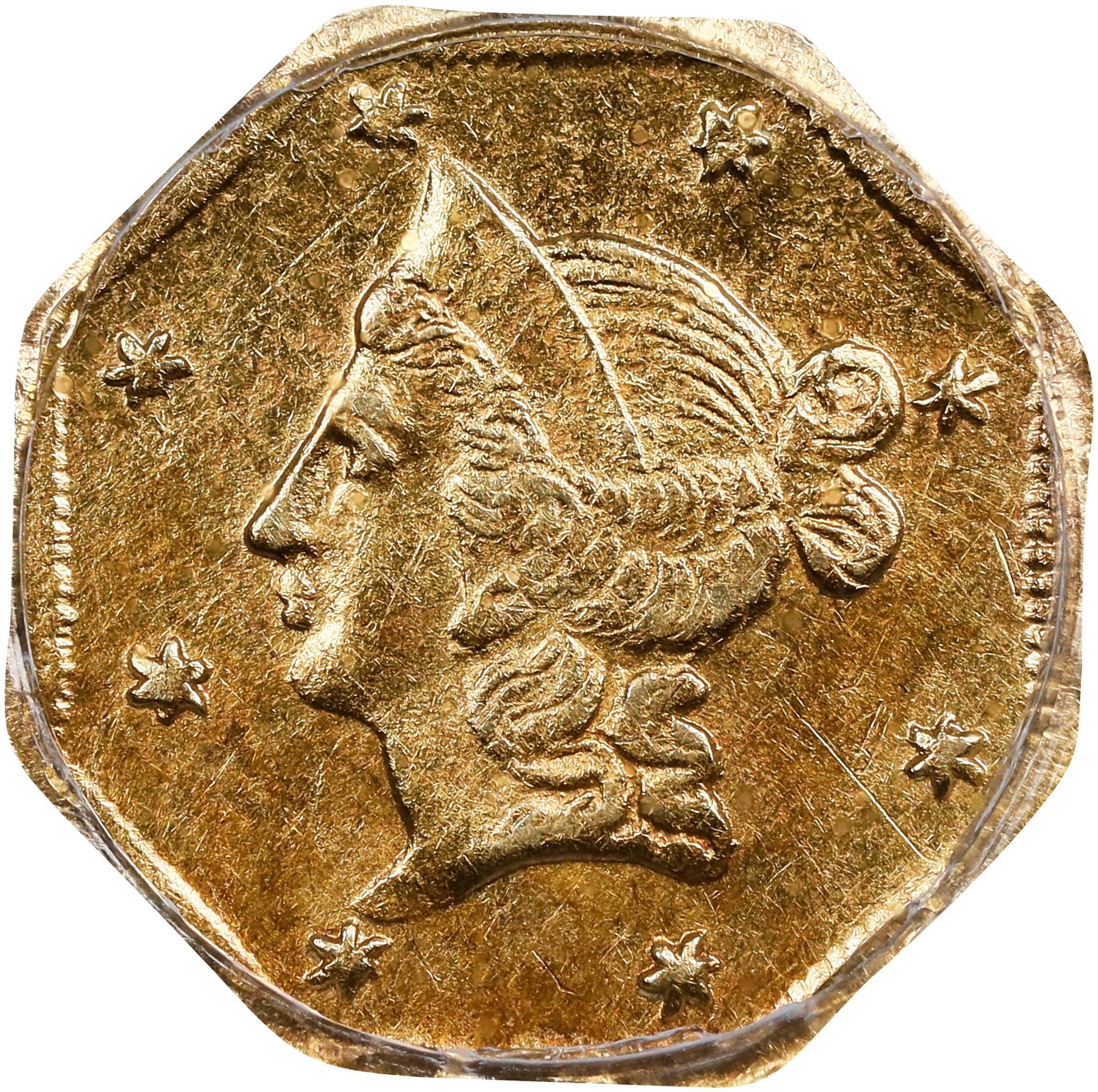 image for: 1853-DERI Octagonal $1. BG-523. Rarity-5. Liberty Head. AU Details--Cleaned (PCGS).