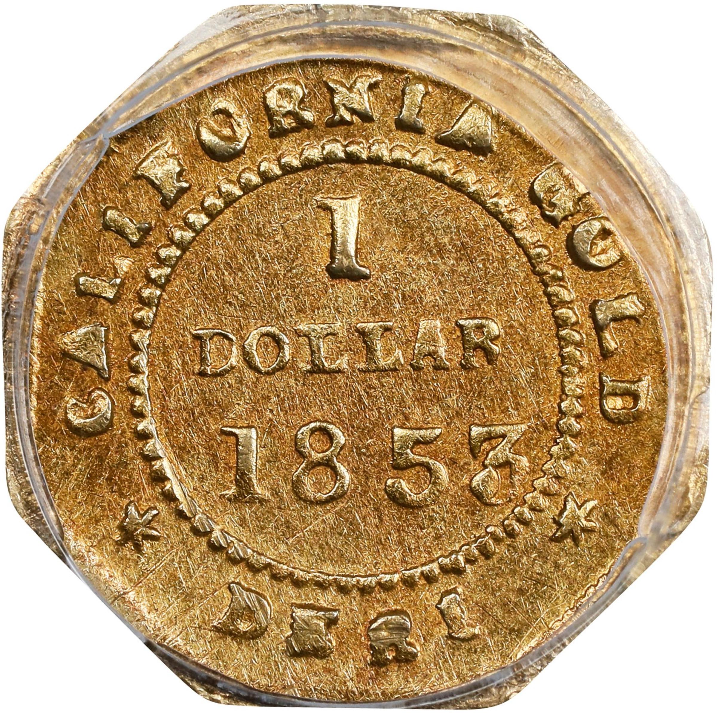 image for: 1853-DERI Octagonal $1. BG-523. Rarity-5. Liberty Head. AU Details--Cleaned (PCGS).
