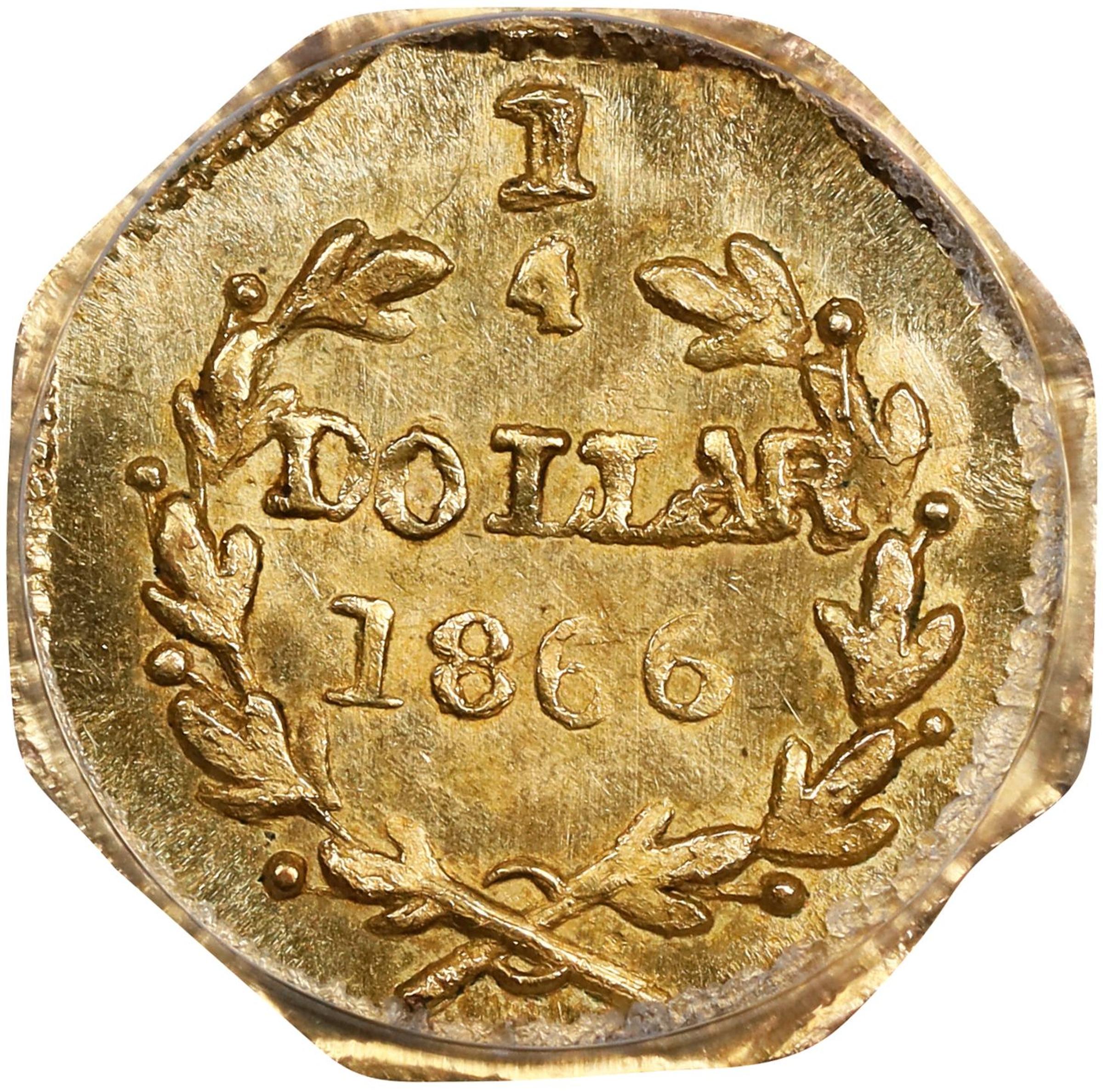 image for: 1866 Octagonal 25 Cents. BG-708. Rarity-4+. Liberty Head. MS-65 (PCGS).