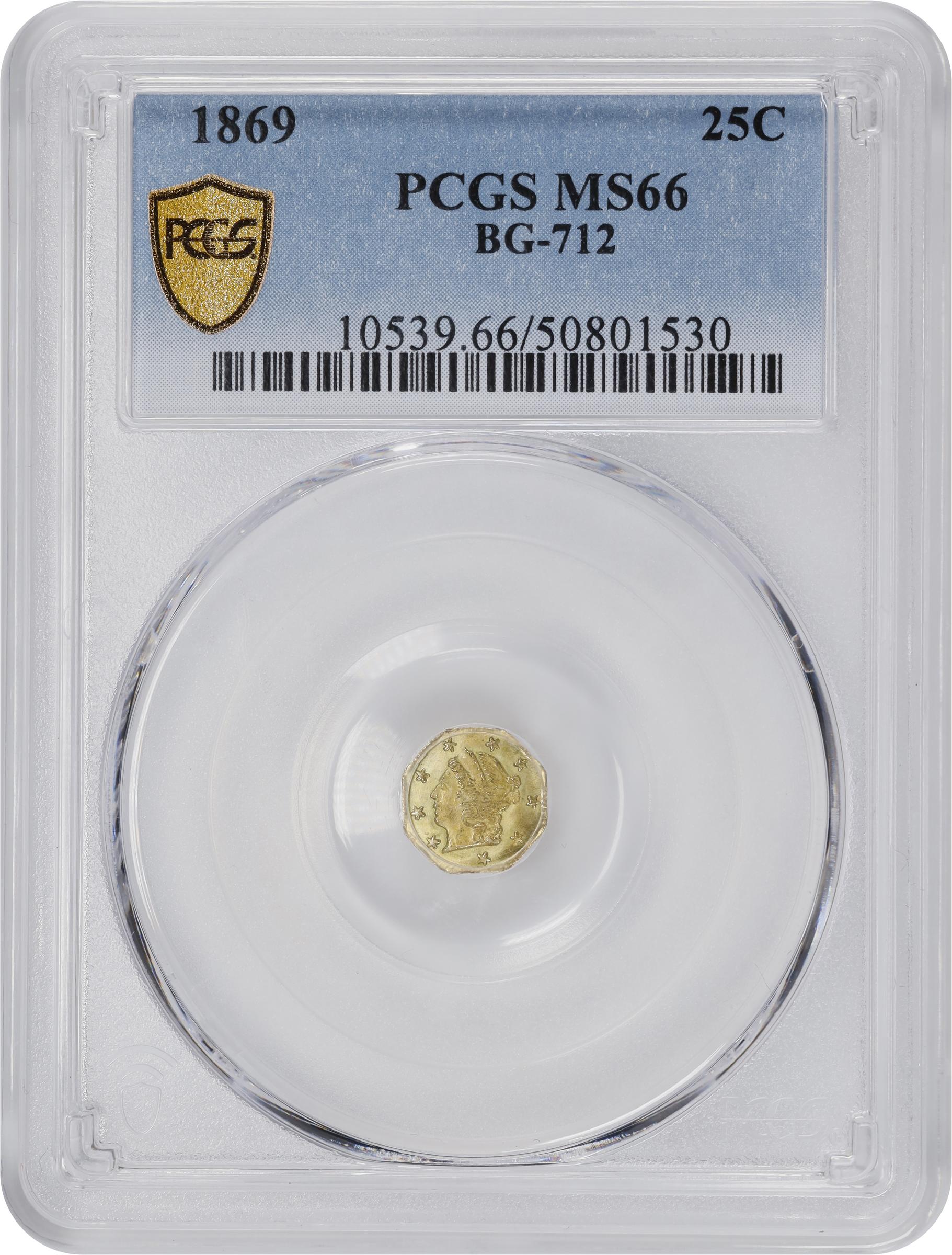 image for: 1869 Octagonal 25 Cents. BG-712. Rarity-4+. Liberty Head. MS-66 (PCGS).