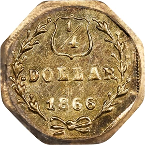 image for: 1866-G Octagonal 25 Cents. BG-740. Rarity-6-. Liberty Head. Unc Details--Scratch (PCGS).