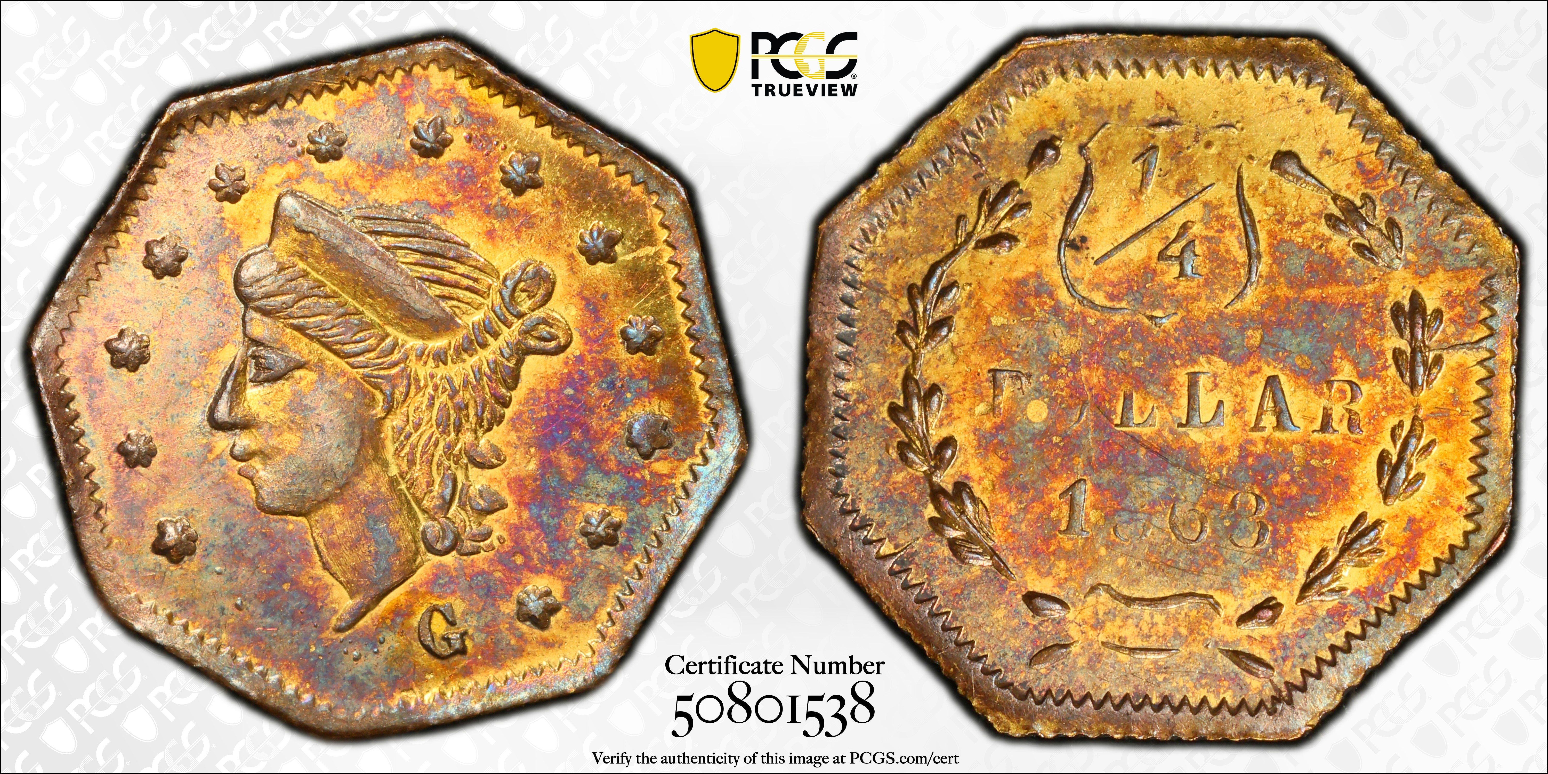 image for: 1868-G Octagonal 25 Cents. BG-745. Rarity-6-. Liberty Head. AU-58 (PCGS).