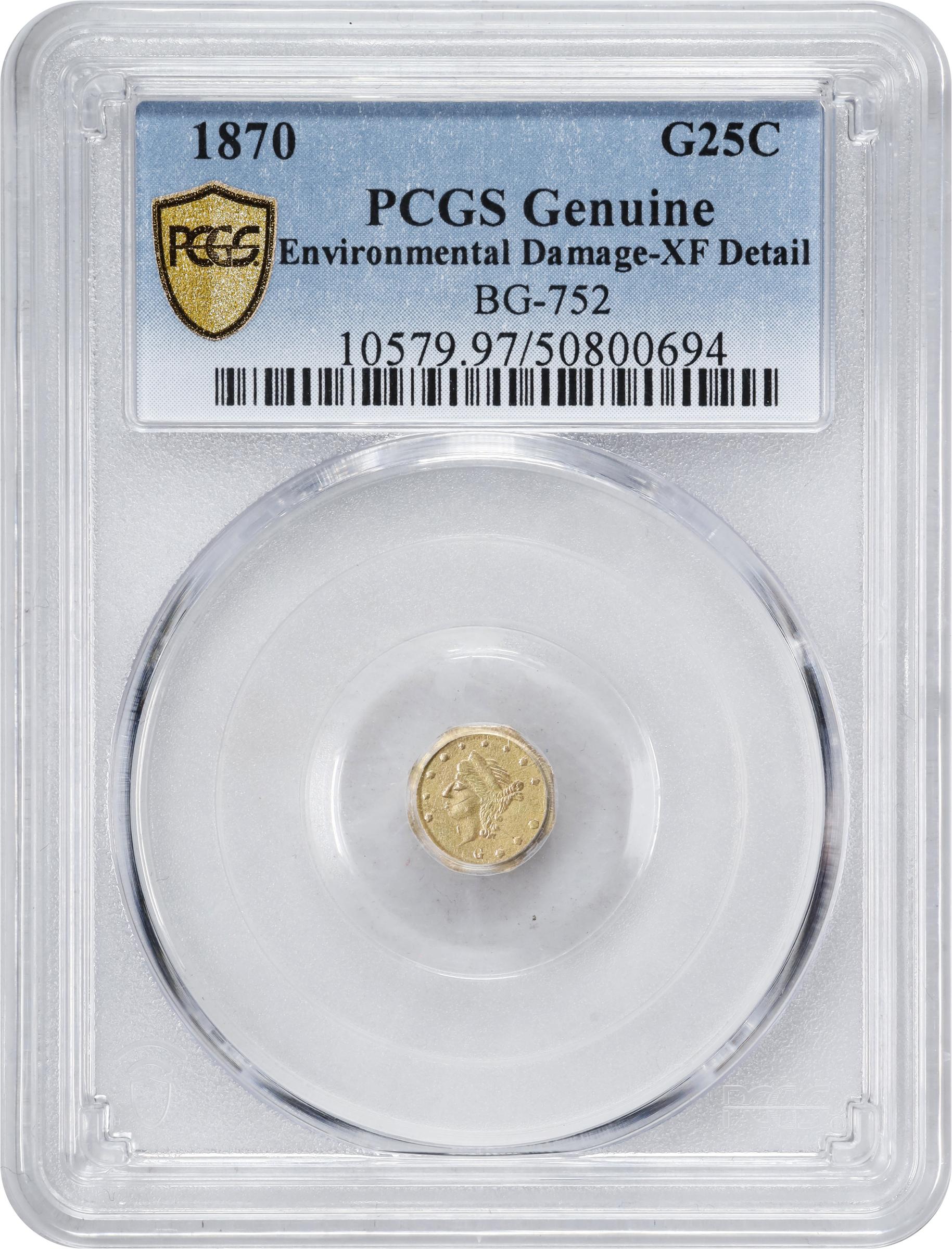image for: 1870 Octagonal 25 Cents. BG-752. Rarity-5-. Liberty Head. EF Details--Environmental Damage (PCGS).