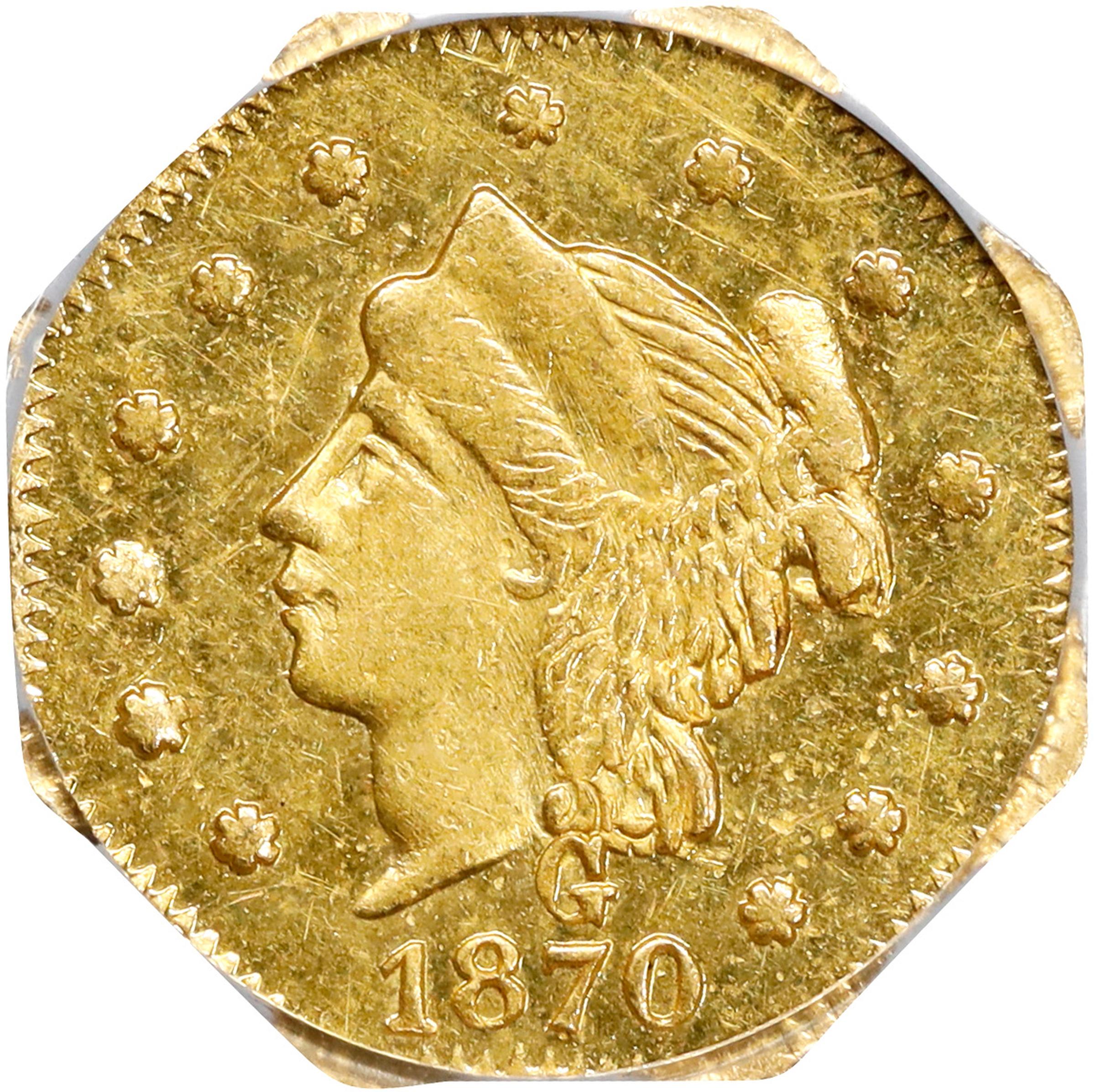 image for: 1870 Octagonal 25 Cents. BG-757. Rarity-6. Liberty Head. MS-63 (PCGS).