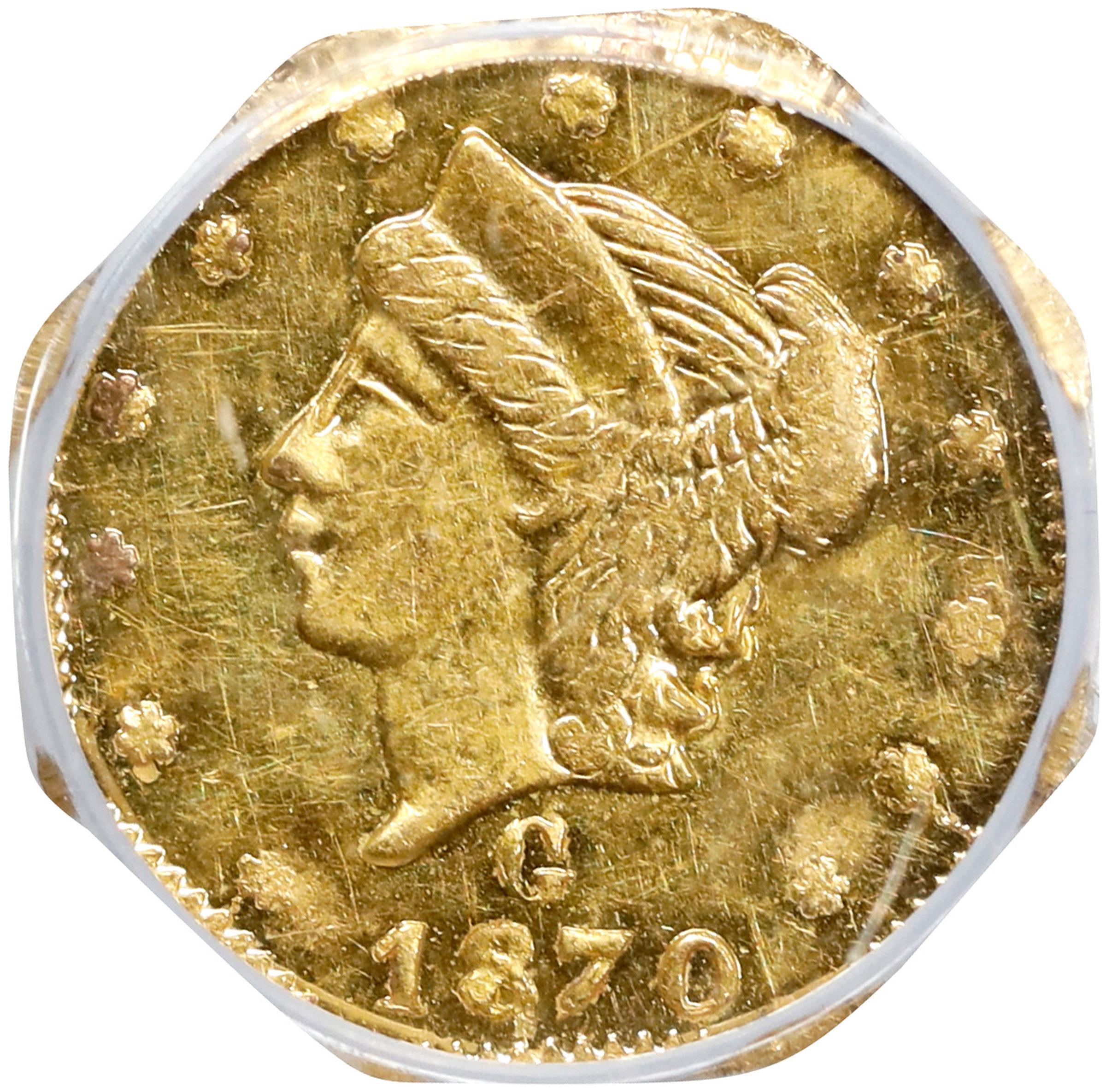 image for: 1870 Octagonal 25 Cents. BG-761. Rarity-4. Liberty Head. Unc Details--Scratch (PCGS).