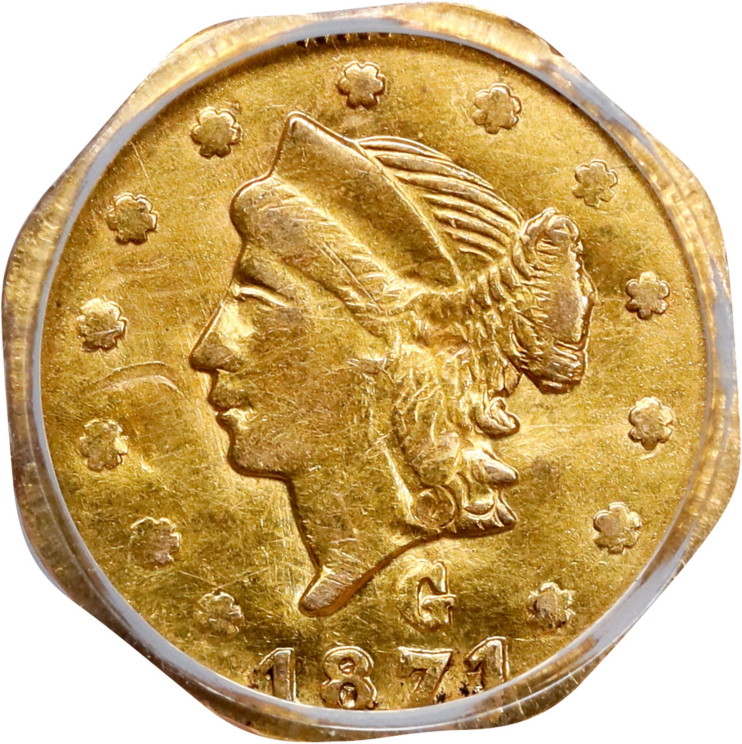 image for: 1871-G Octagonal 25 Cents. BG-764. Rarity-6-. Liberty Head. Unc Details--Damage (PCGS).