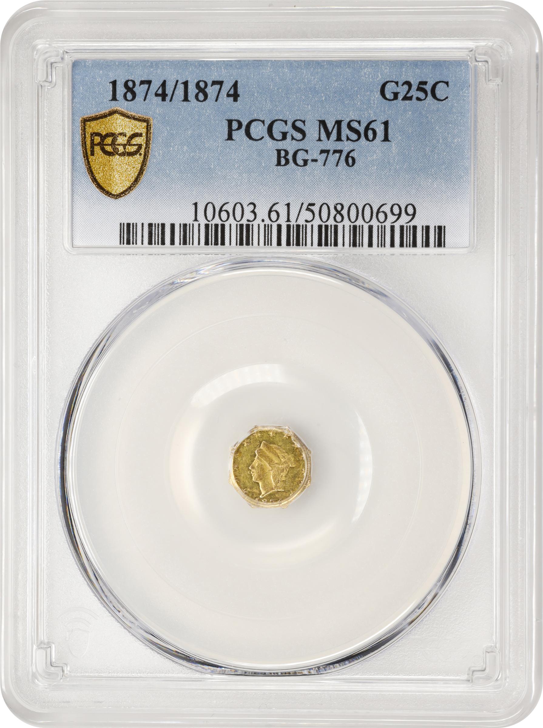 image for: 1874/1874 Octagonal 25 Cents. BG-776. Rarity-5-. Liberty Head. MS-61 (PCGS).