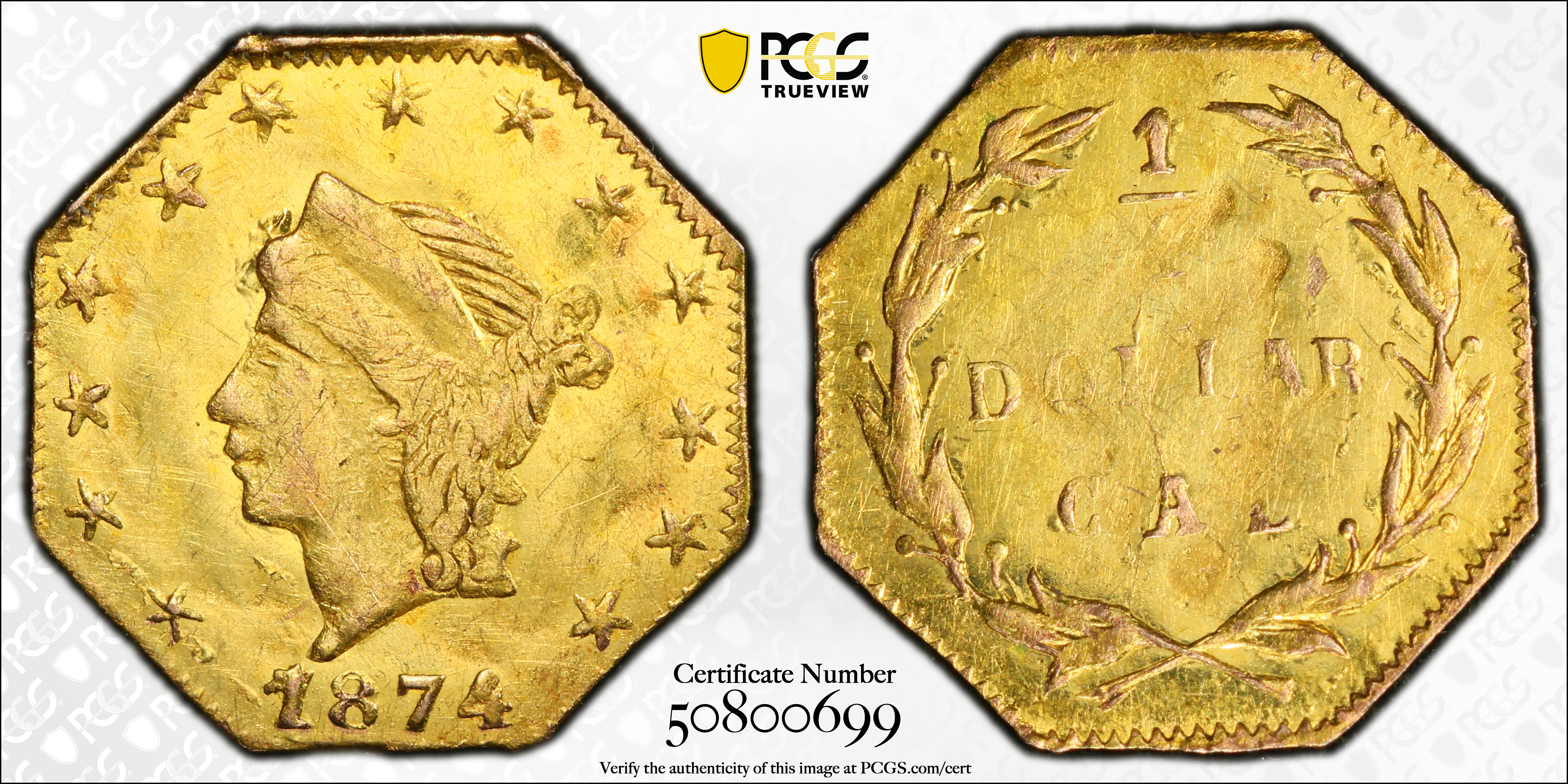 image for: 1874/1874 Octagonal 25 Cents. BG-776. Rarity-5-. Liberty Head. MS-61 (PCGS).
