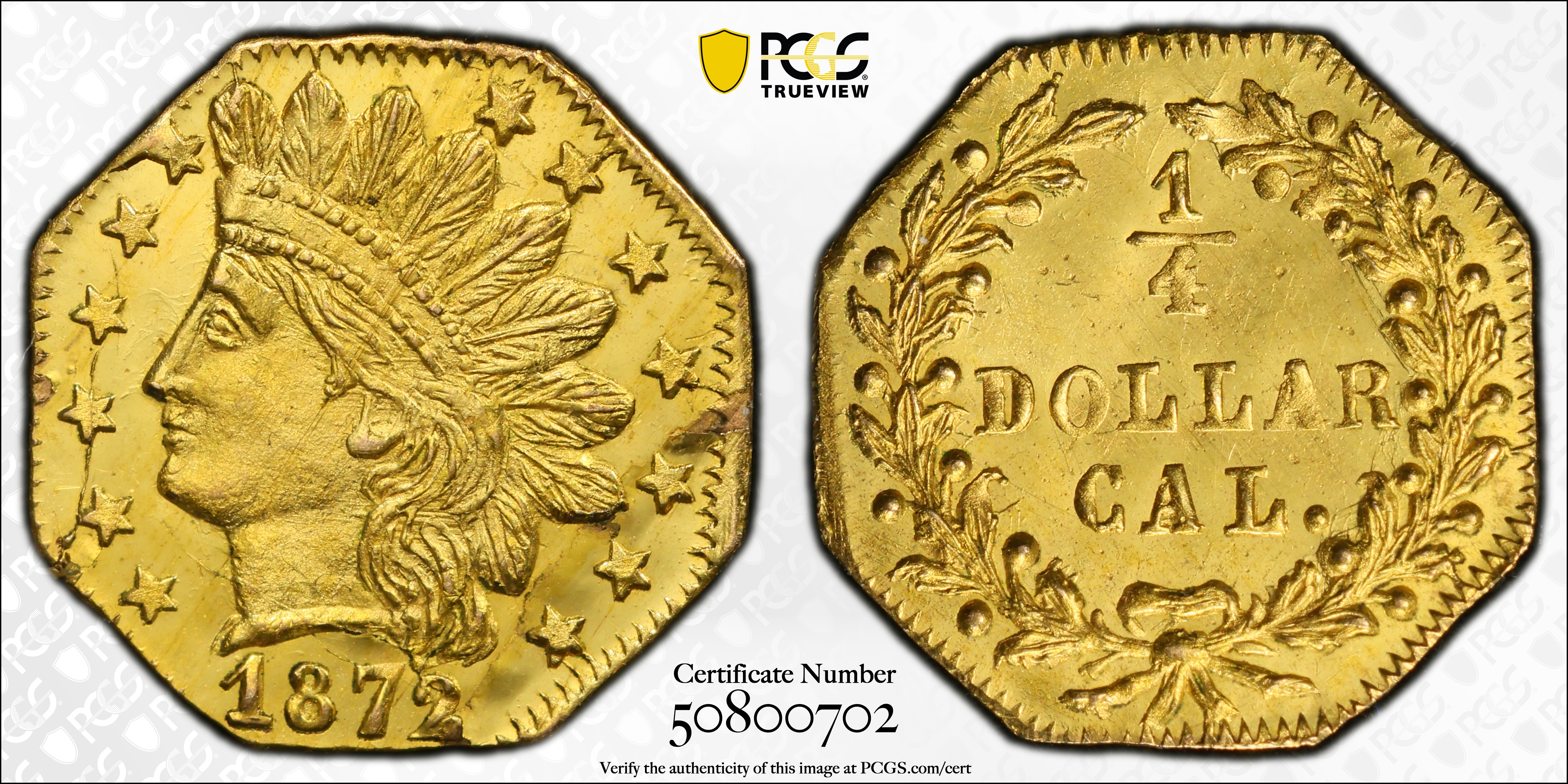 image for: 1872/1 Octagonal 25 Cents. BG-790. Rarity-3. Indian Head. Unc Details--Planchet Flaw (PCGS).