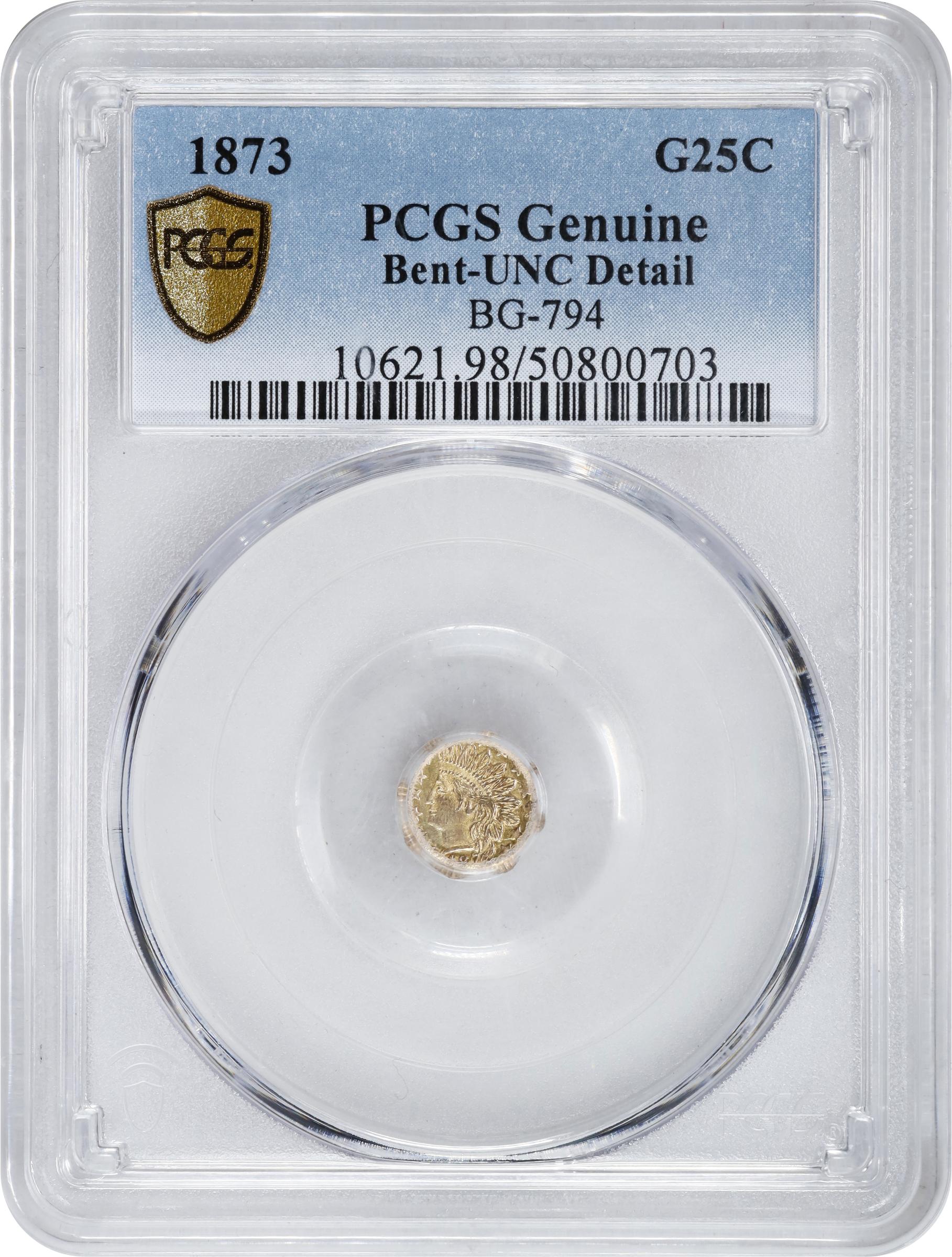 image for: 1873 Octagonal 25 Cents. BG-794. Rarity-5+. Indian Head. Unc Details--Bent (PCGS).