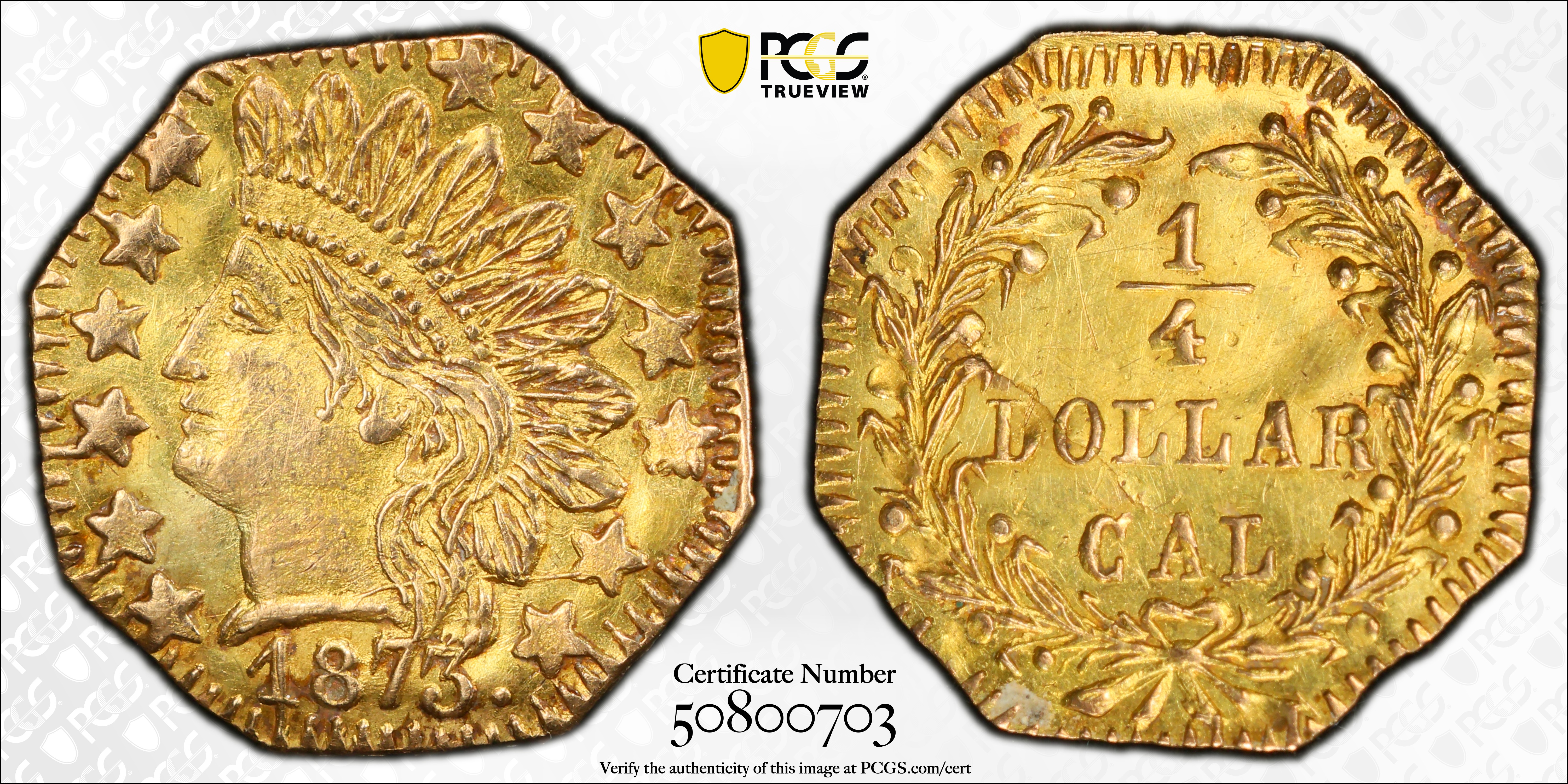 image for: 1873 Octagonal 25 Cents. BG-794. Rarity-5+. Indian Head. Unc Details--Bent (PCGS).