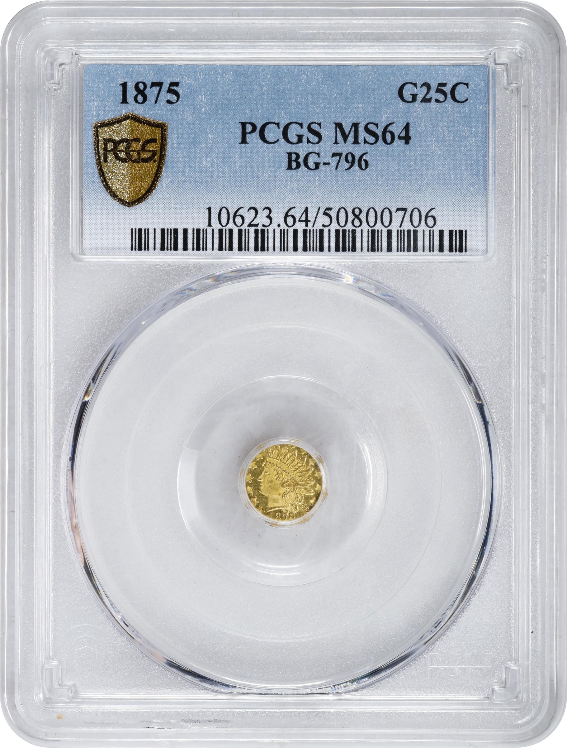 image for: 1875 Octagonal 25 Cents. BG-796. Rarity-5. Indian Head. MS-64 (PCGS).