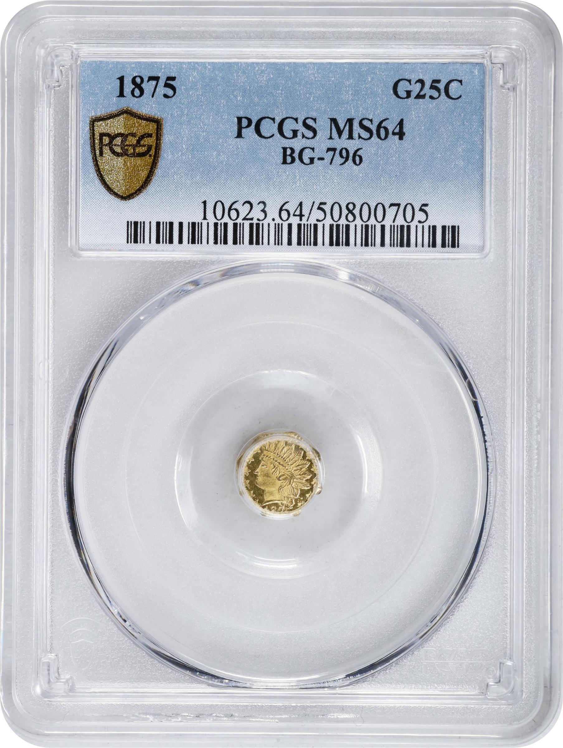 image for: 1875 Octagonal 25 Cents. BG-796. Rarity-5. Indian Head. MS-64 (PCGS).