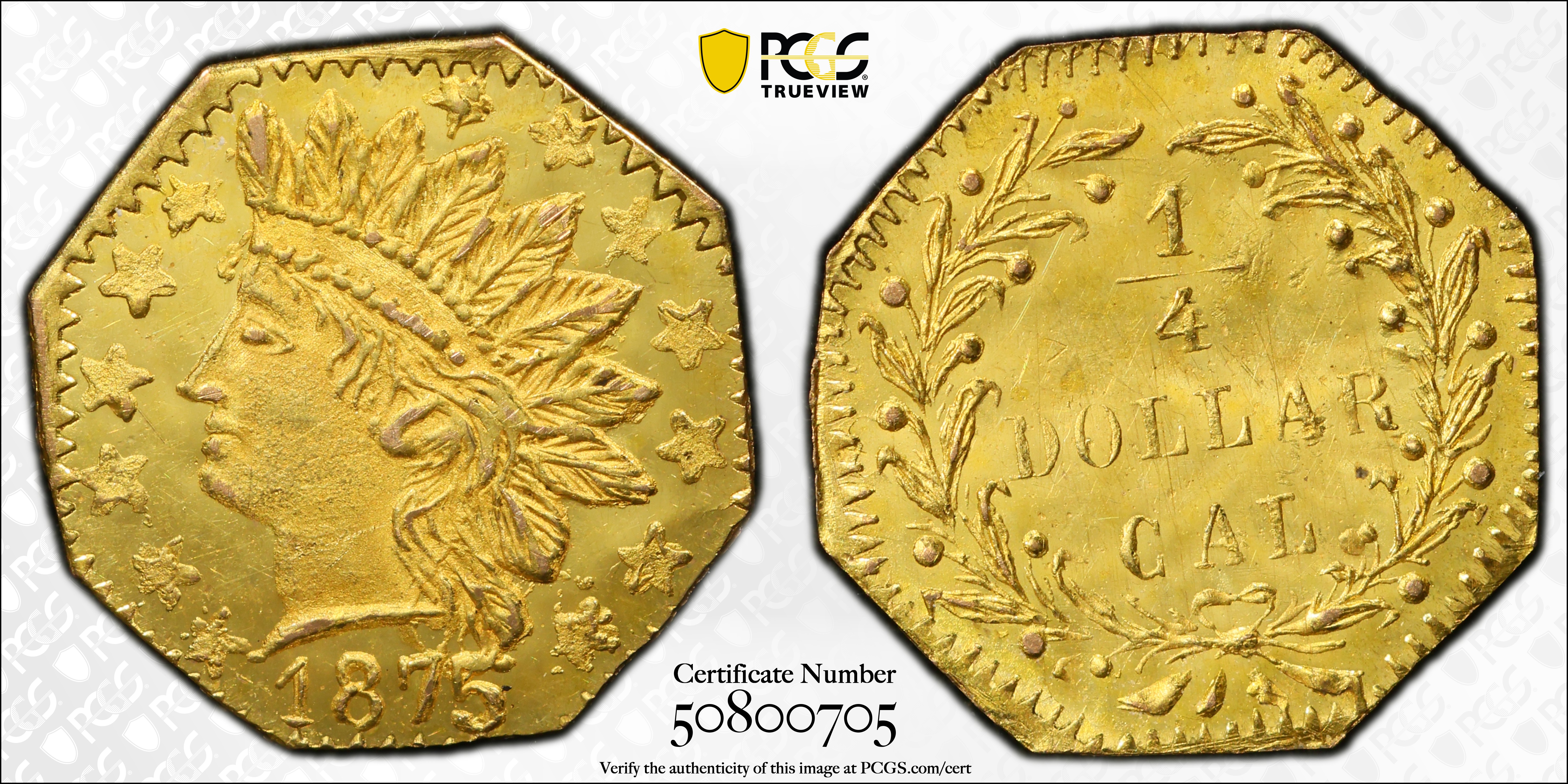 image for: 1875 Octagonal 25 Cents. BG-796. Rarity-5. Indian Head. MS-64 (PCGS).