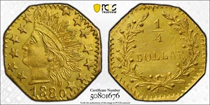 image for: 1880 Octagonal 25 Cents. BG-799J. Rarity-3. Indian Head. MS-64 (PCGS).