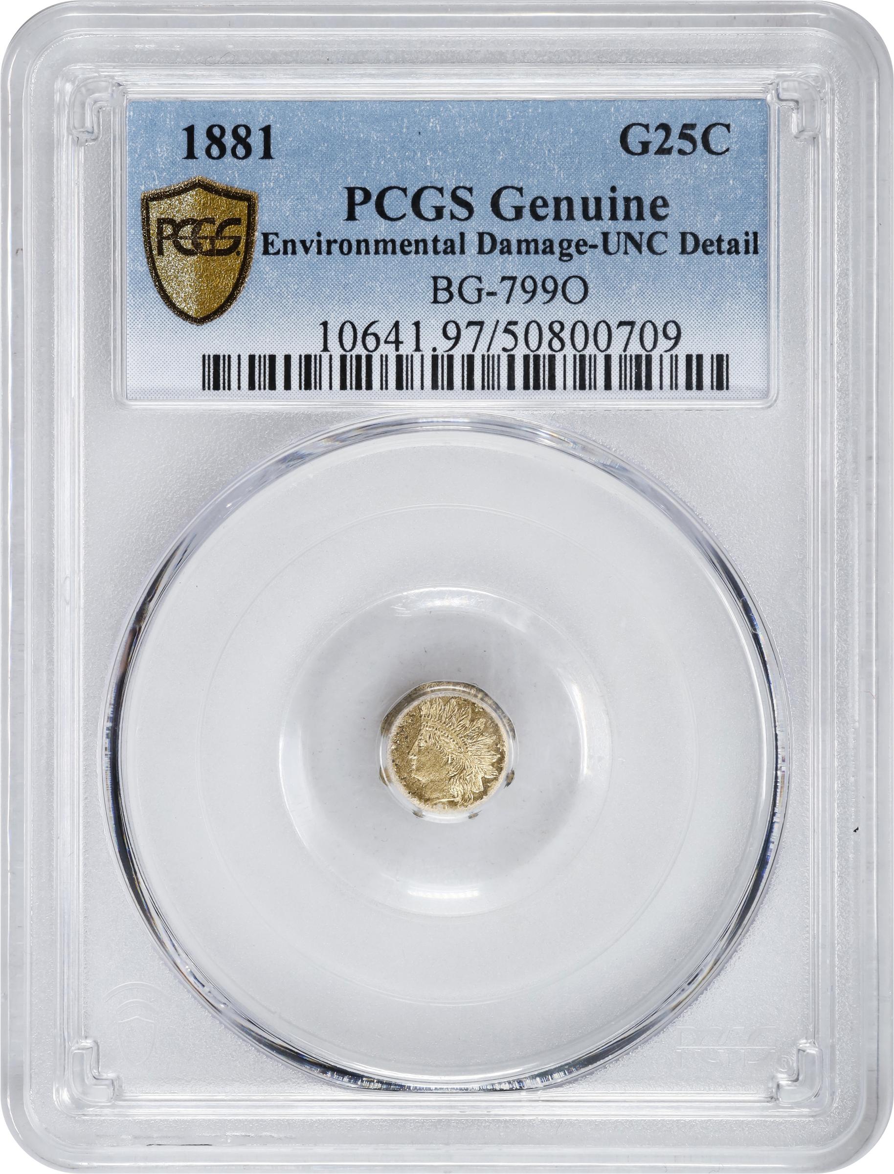 image for: 1881 Octagonal 25 Cents. BG-799O. Rarity-4-. Indian Head. Unc Details--Environmental Damage (PCGS).