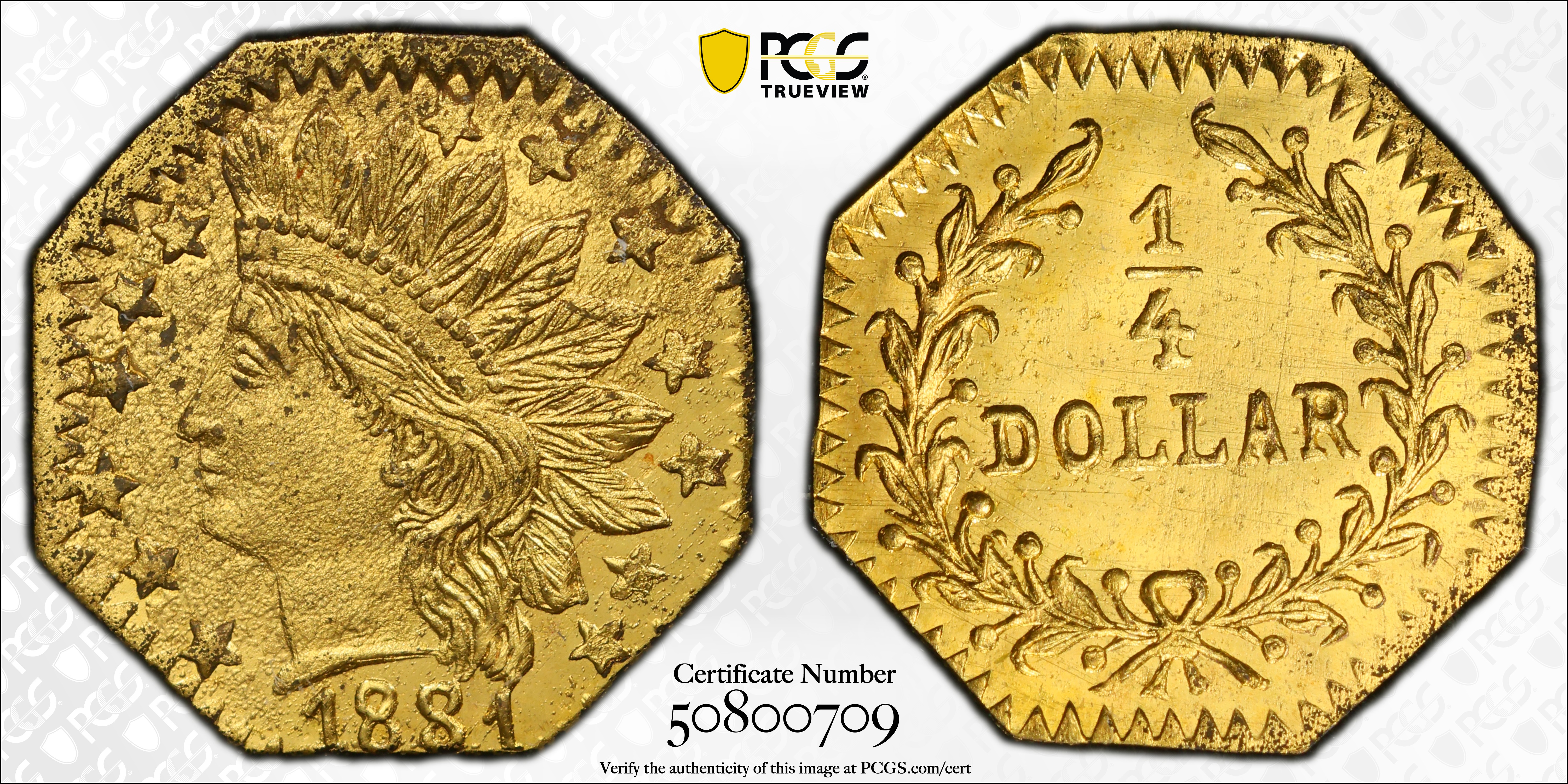 image for: 1881 Octagonal 25 Cents. BG-799O. Rarity-4-. Indian Head. Unc Details--Environmental Damage (PCGS).