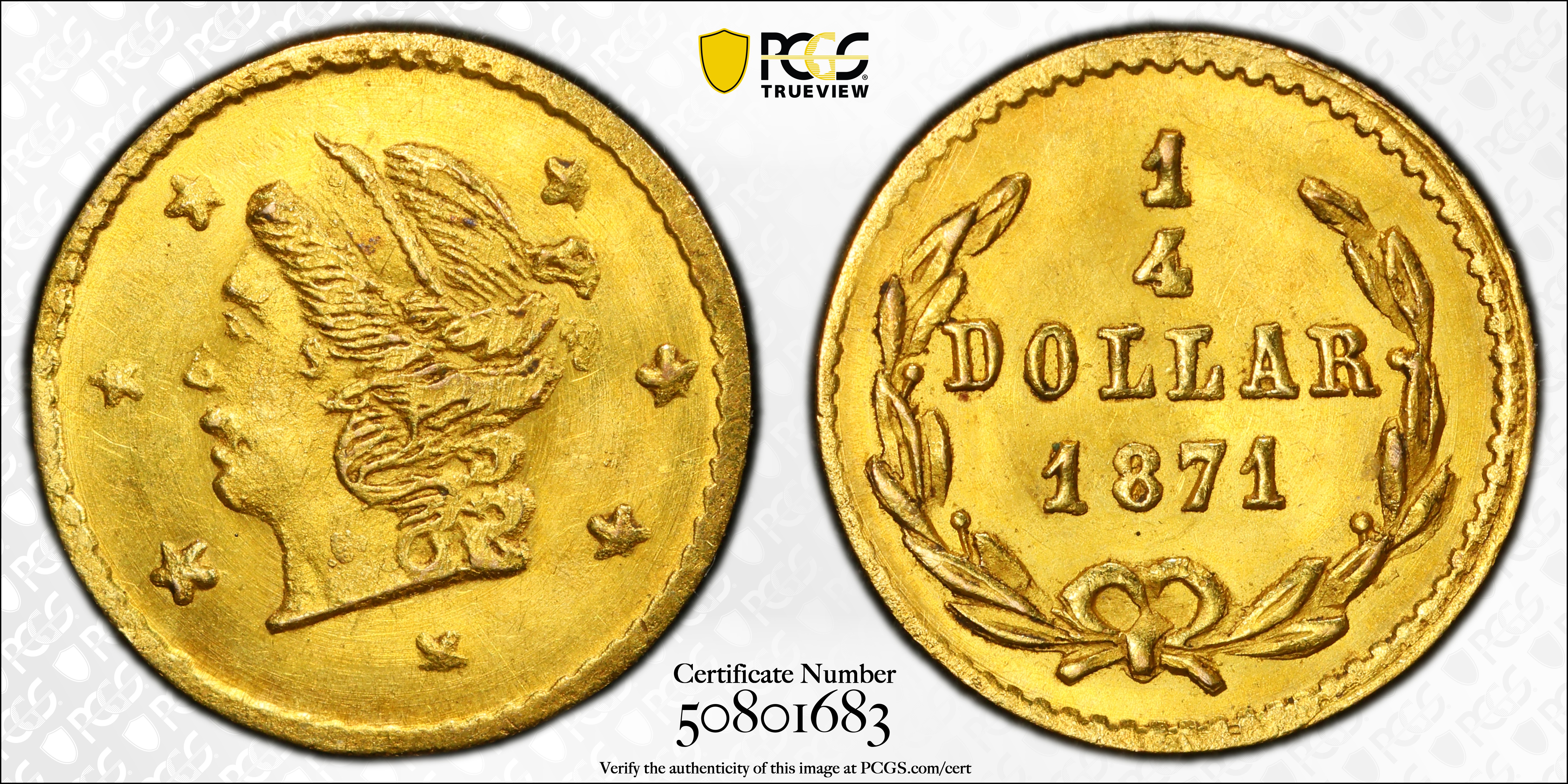 image for: 1871 Round 25 Cents. BG-809. Rarity-4-. Liberty Head. MS-64 (PCGS).