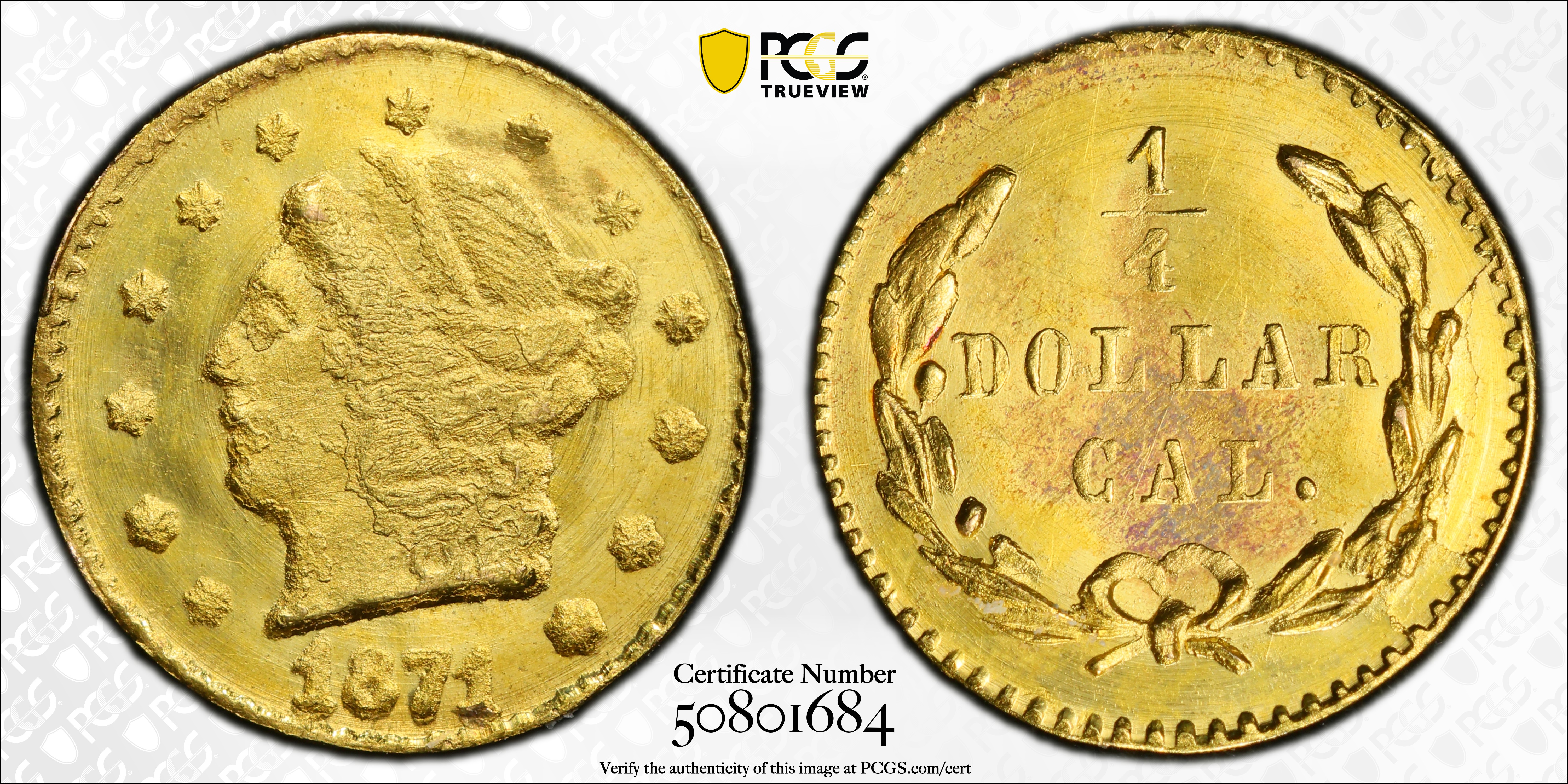 image for: 1871 Round 25 Cents. BG-813. Rarity-3. Liberty Head. MS-64 (PCGS).