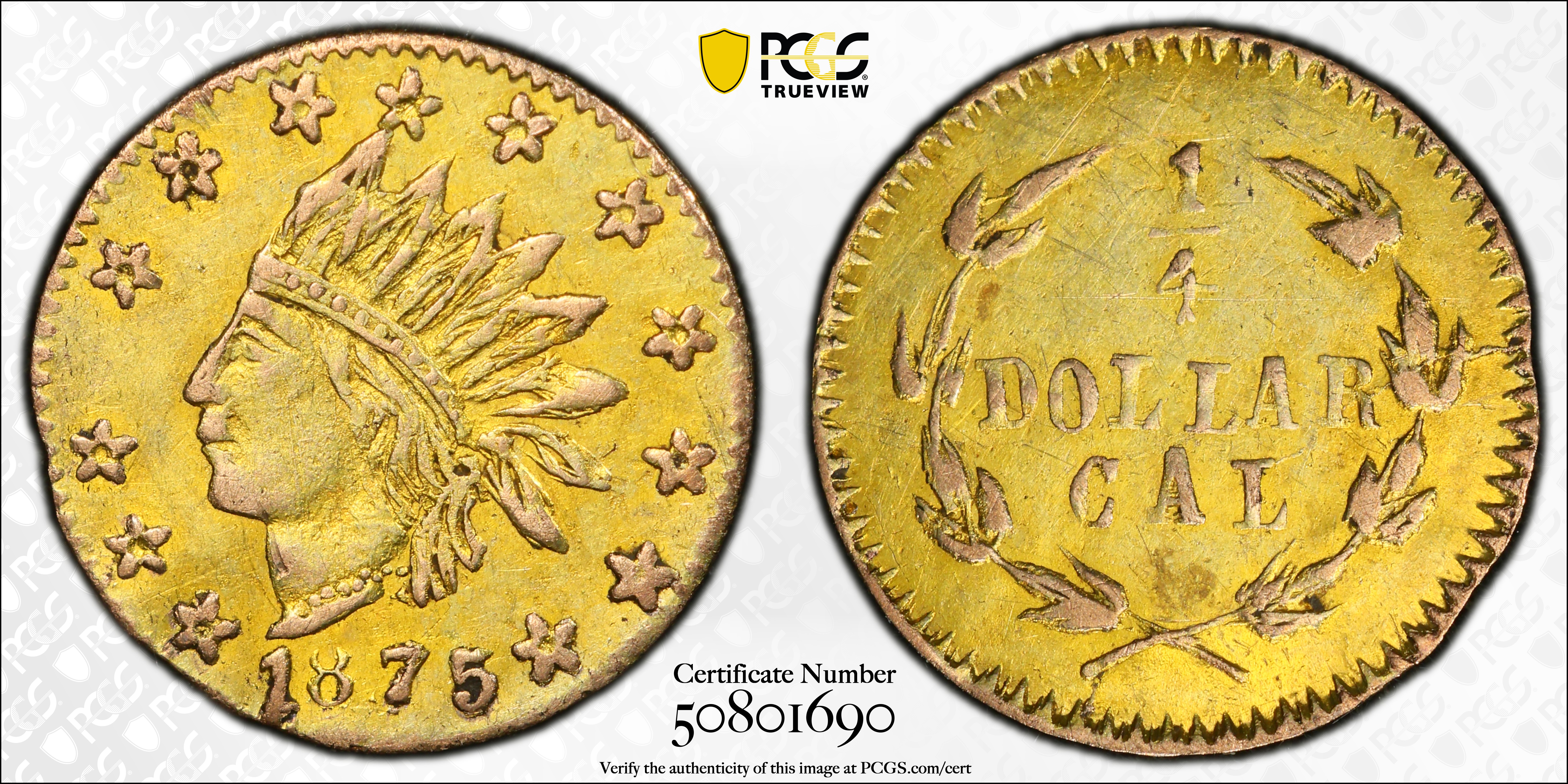 image for: 1875 Round 25 Cents. BG-847. Rarity-4. Indian Head. AU-55 (PCGS).