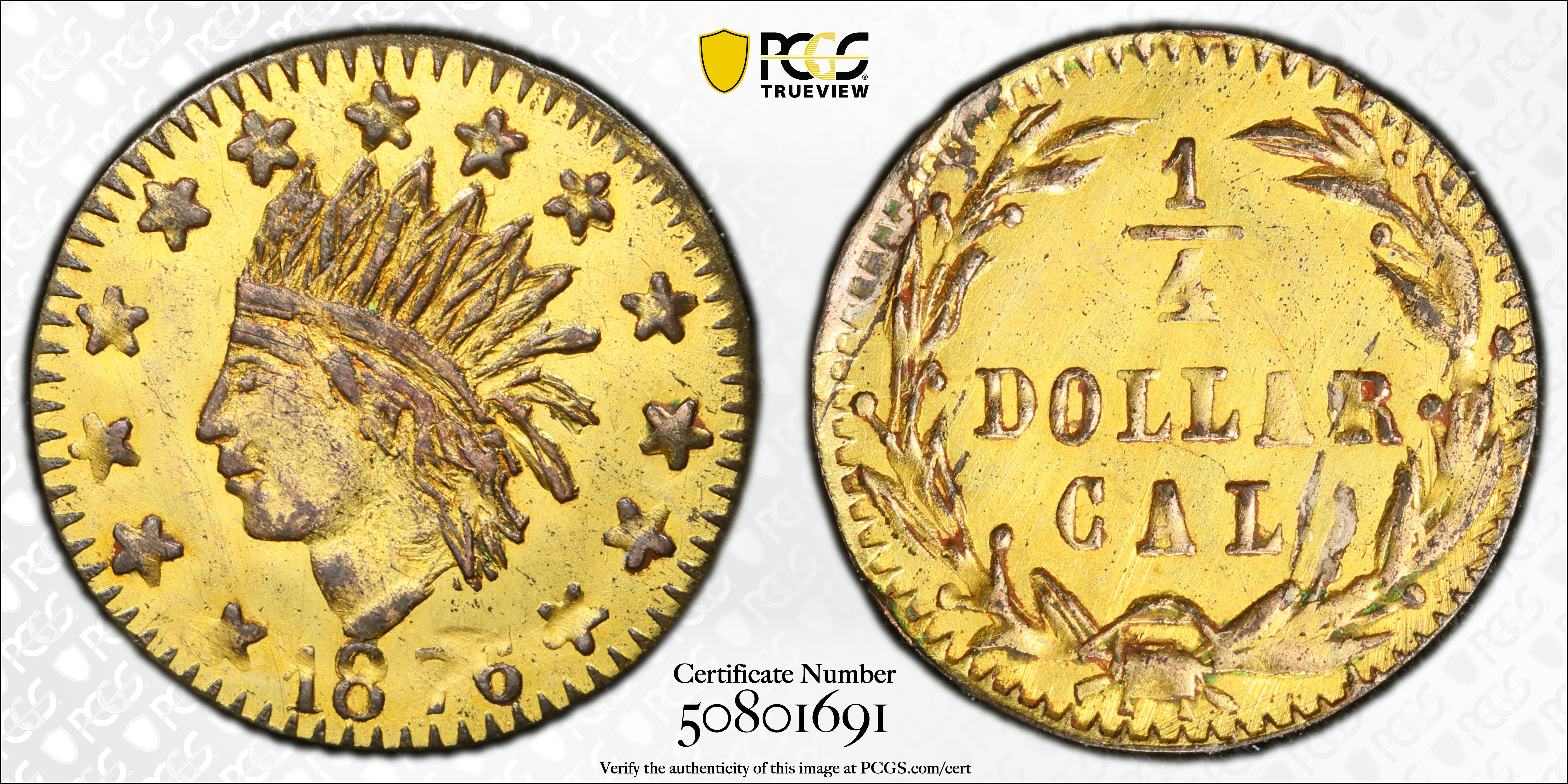 image for: 1876 Round 25 Cents. BG-849. Rarity-5+. Indian Head. AU Details--Environmental Damage (PCGS).