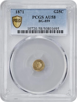 image for: 1871-H Round 25 Cents. BG-859. Rarity-6-. Liberty Head. AU-58 (PCGS).