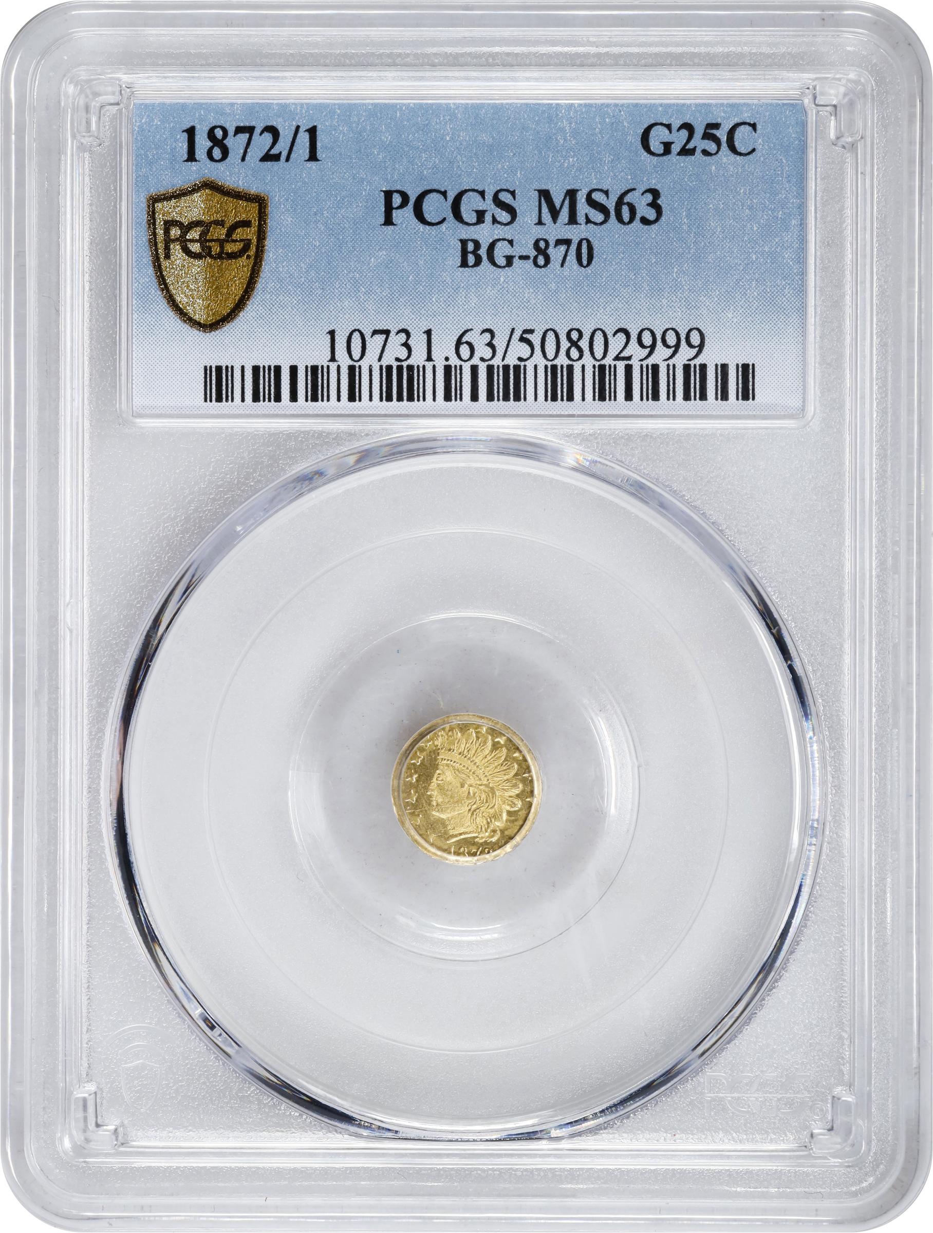 image for: 1872/1 Round 25 Cents. BG-870. Rarity-3. Indian Head. MS-63 (PCGS).