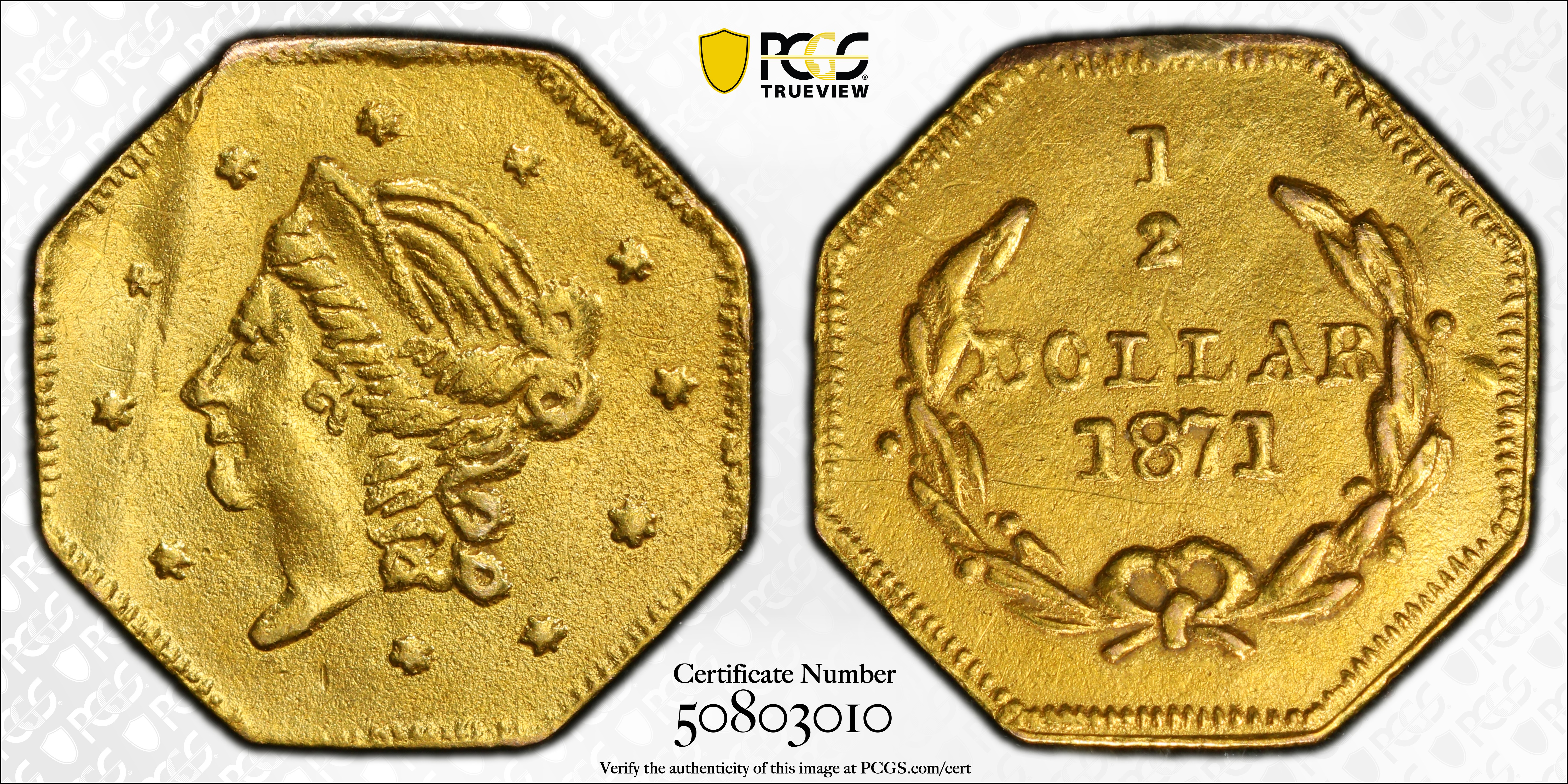 image for: 1871 Octagonal 50 Cents. BG-910. Rarity-5+. Liberty Head. Unc Details--Altered Surfaces (PCGS).