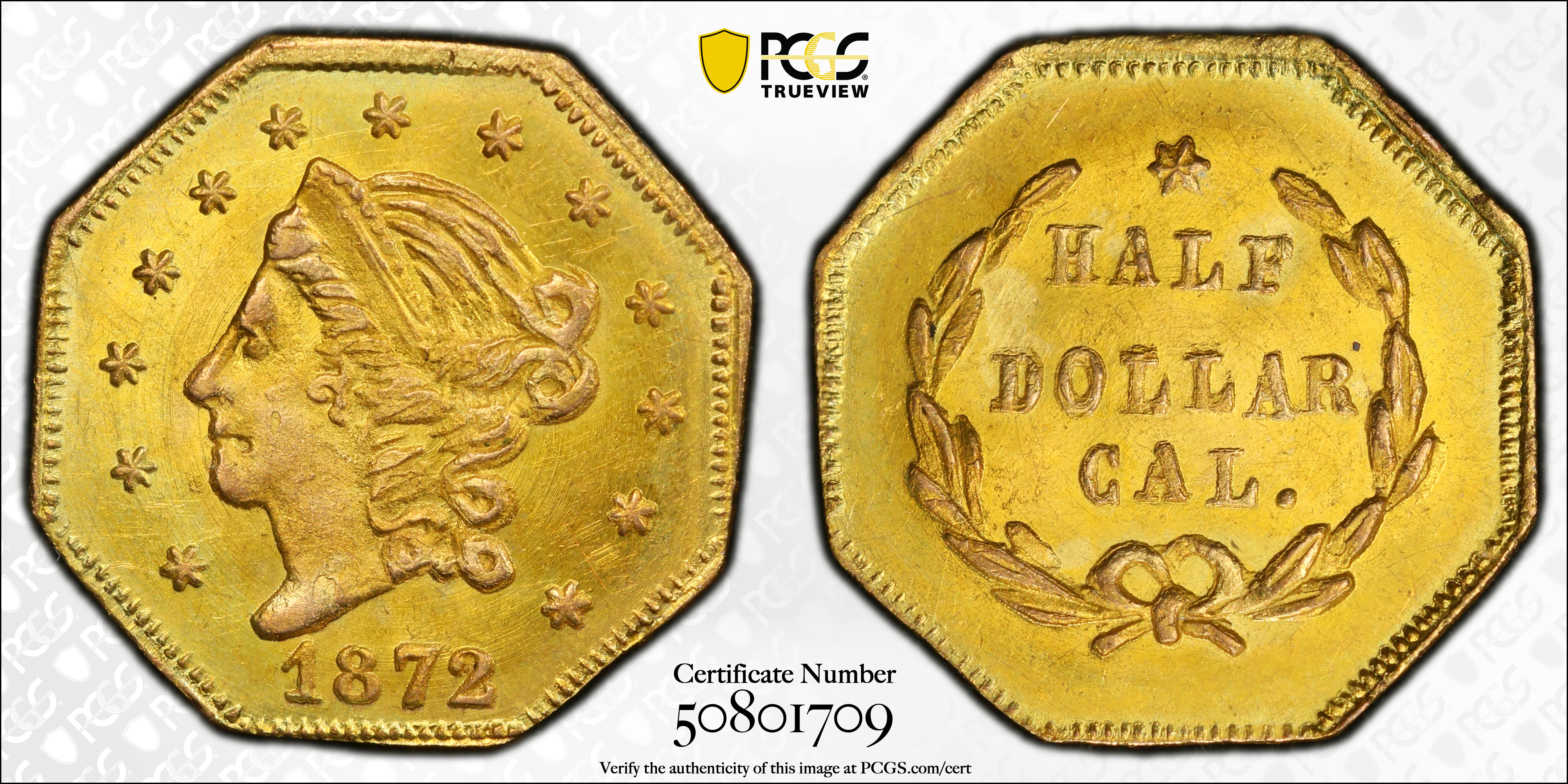 image for: 1872 Octagonal 50 Cents. BG-913. Rarity-4. Liberty Head. MS-63 (PCGS).