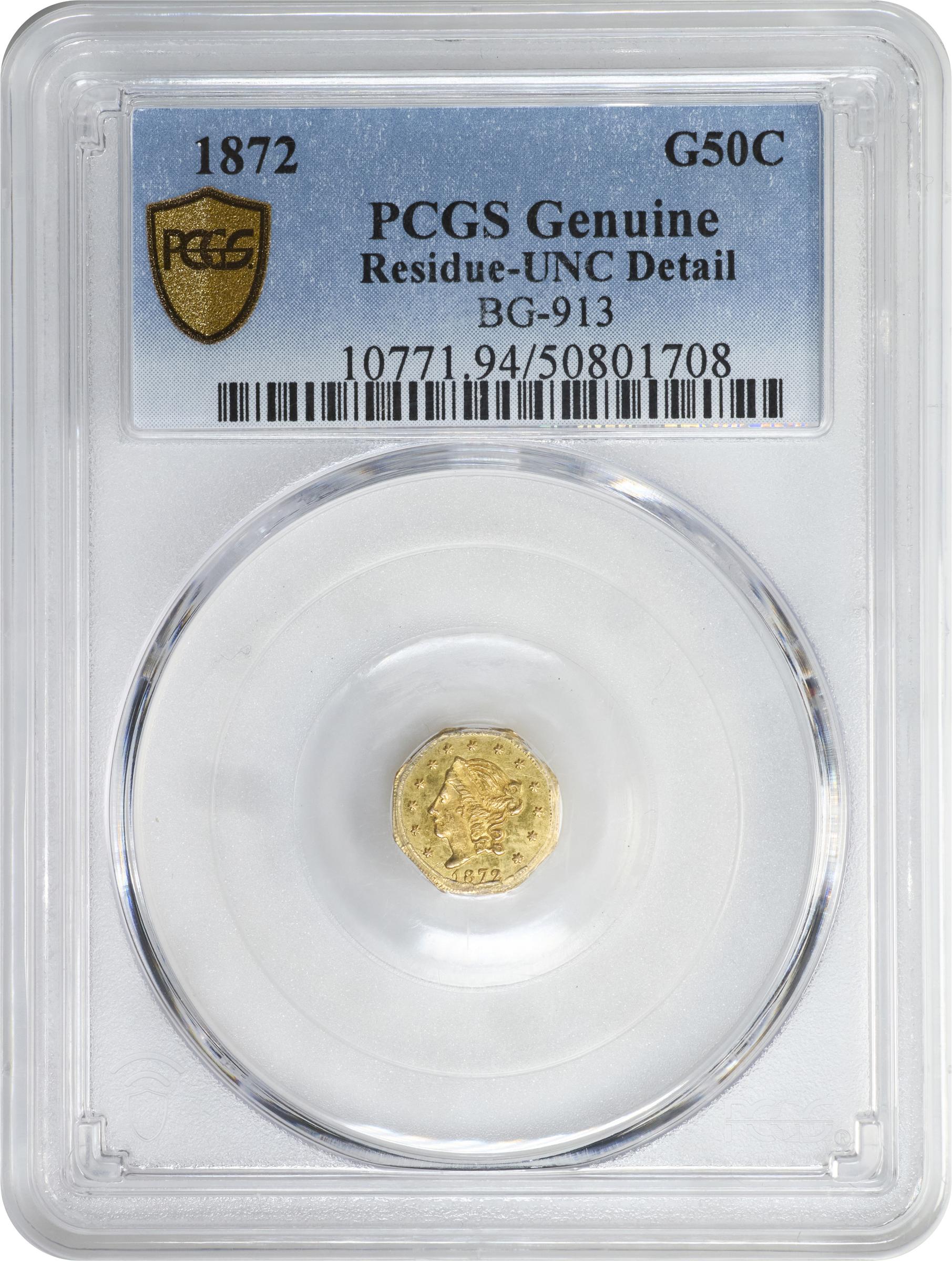 image for: 1872 Octagonal 50 Cents. BG-913. Rarity-4. Liberty Head. Unc Details--Residue (PCGS).